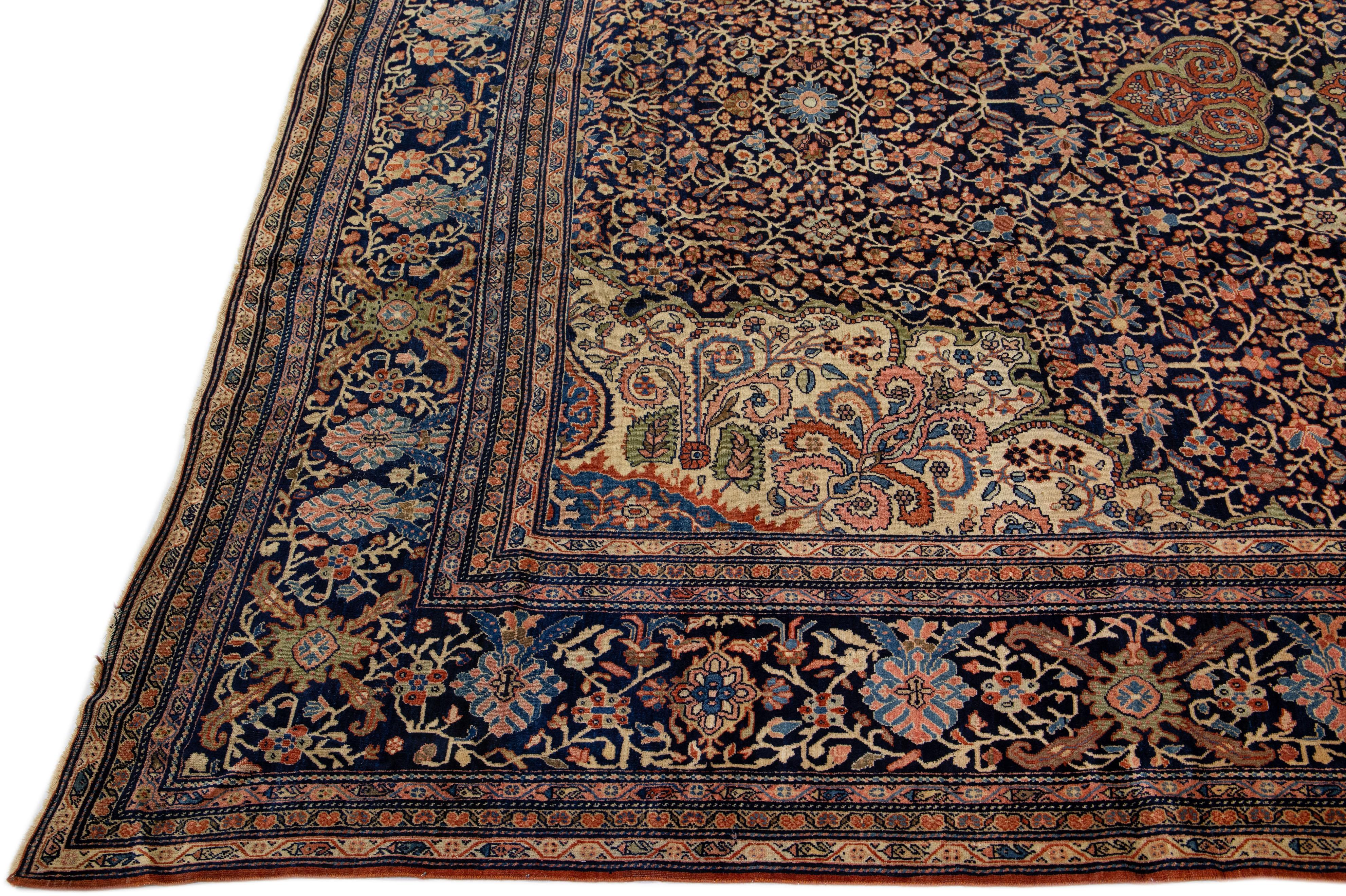 Hand-Knotted Antique Farahan Handmade Blue & Rust Persian Wool Rug With Rosette Motif For Sale