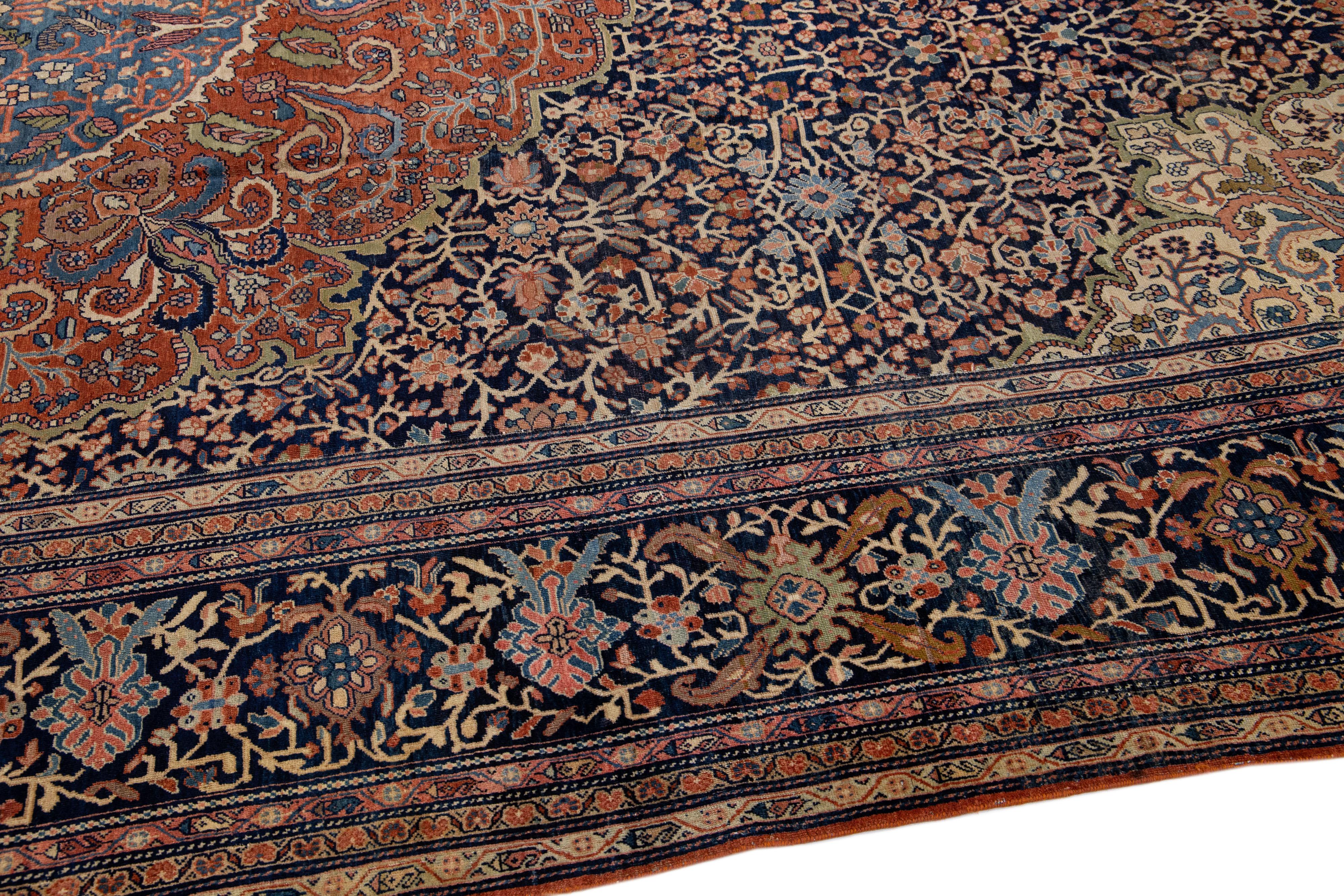 Antique Farahan Handmade Blue & Rust Persian Wool Rug With Rosette Motif For Sale 1