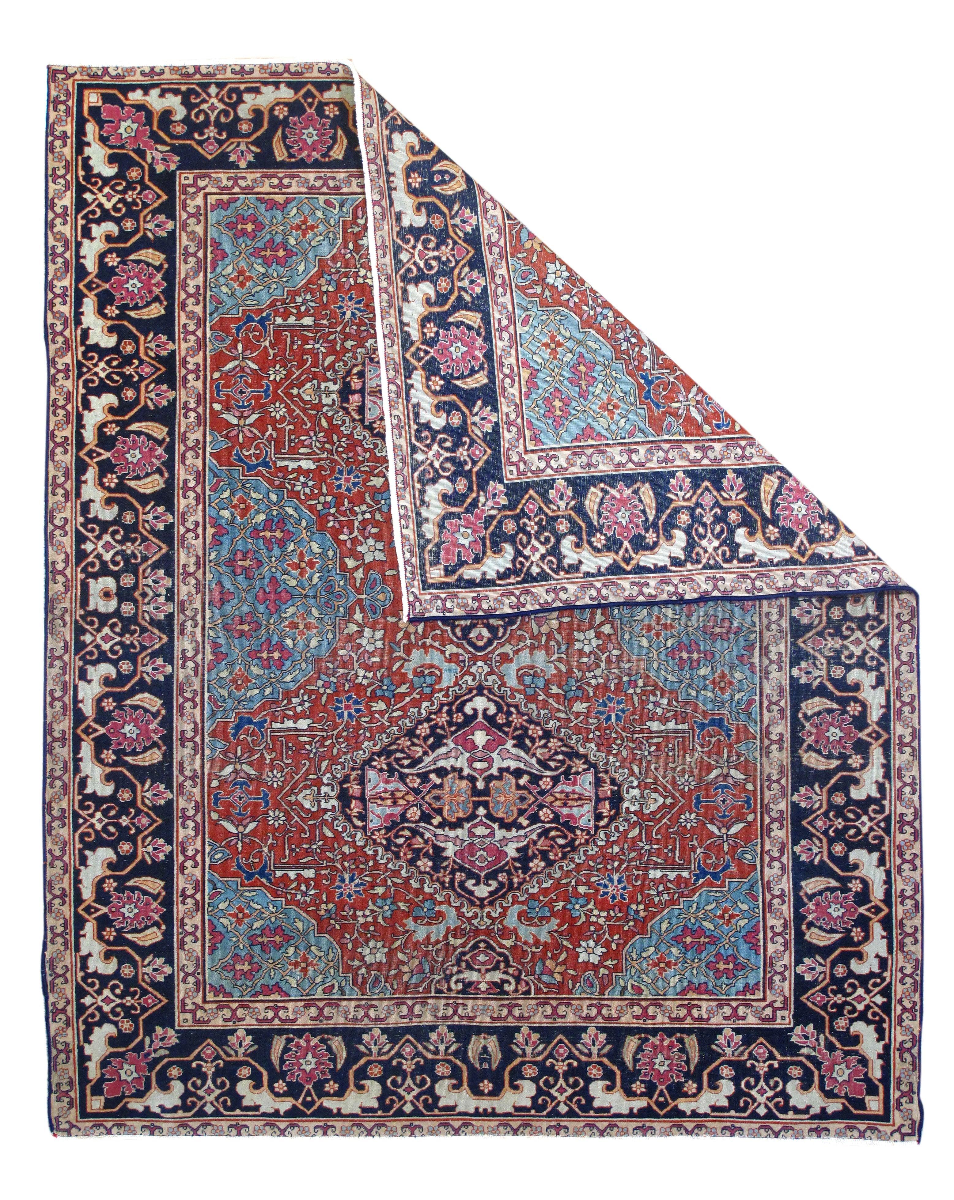 Antique Farahan Rug 4'10'' x 5'11''. The scatter and room size pieces made in the Arak/Sultanabad area, between 1880 and 1910, with firm and leathery well-woven textures, and strong in red, navy and ecru tones, usually in medallion formats. A