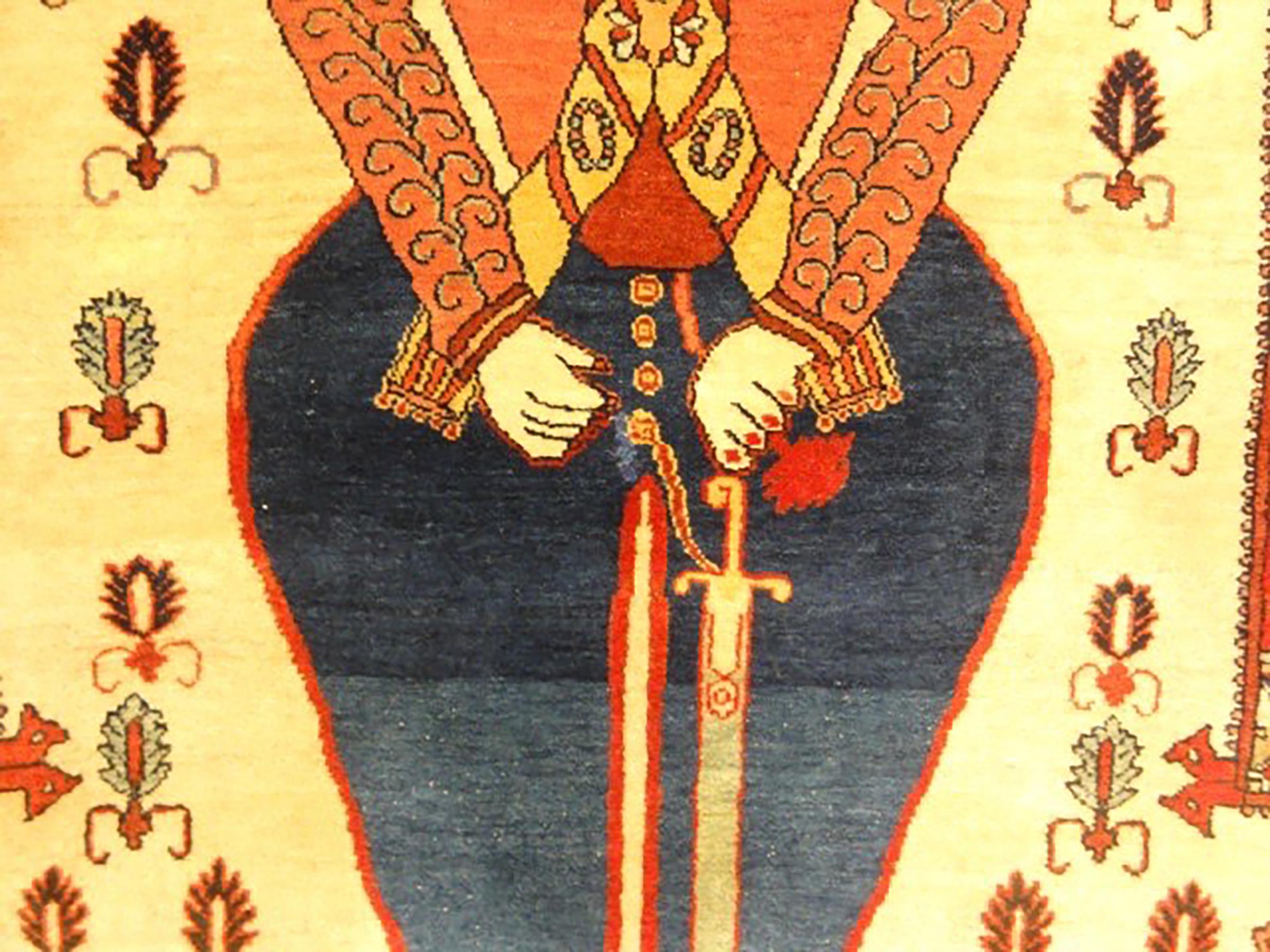 Wool Antique Farahan Rug with Shahpour statue woven on it For Sale