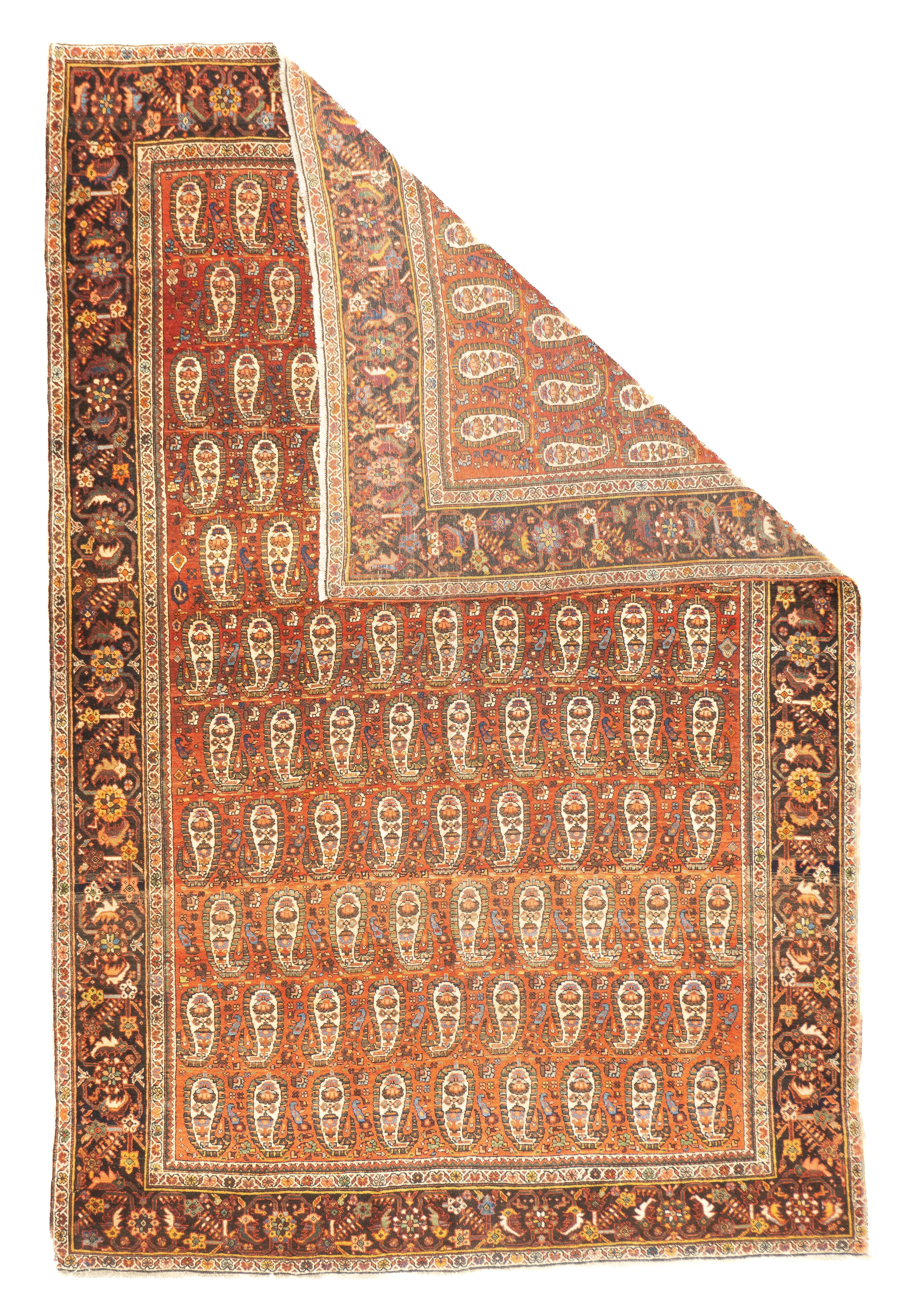 Antique Farahan Sarouk 4'4'' x 6'5''. The scatter and room size pieces made in the Arak/Sultanabad area, between 1880 and 1910, with firm and leathery well-woven textures, and strong in red, navy and ecru tones, usually in medallion formats. A