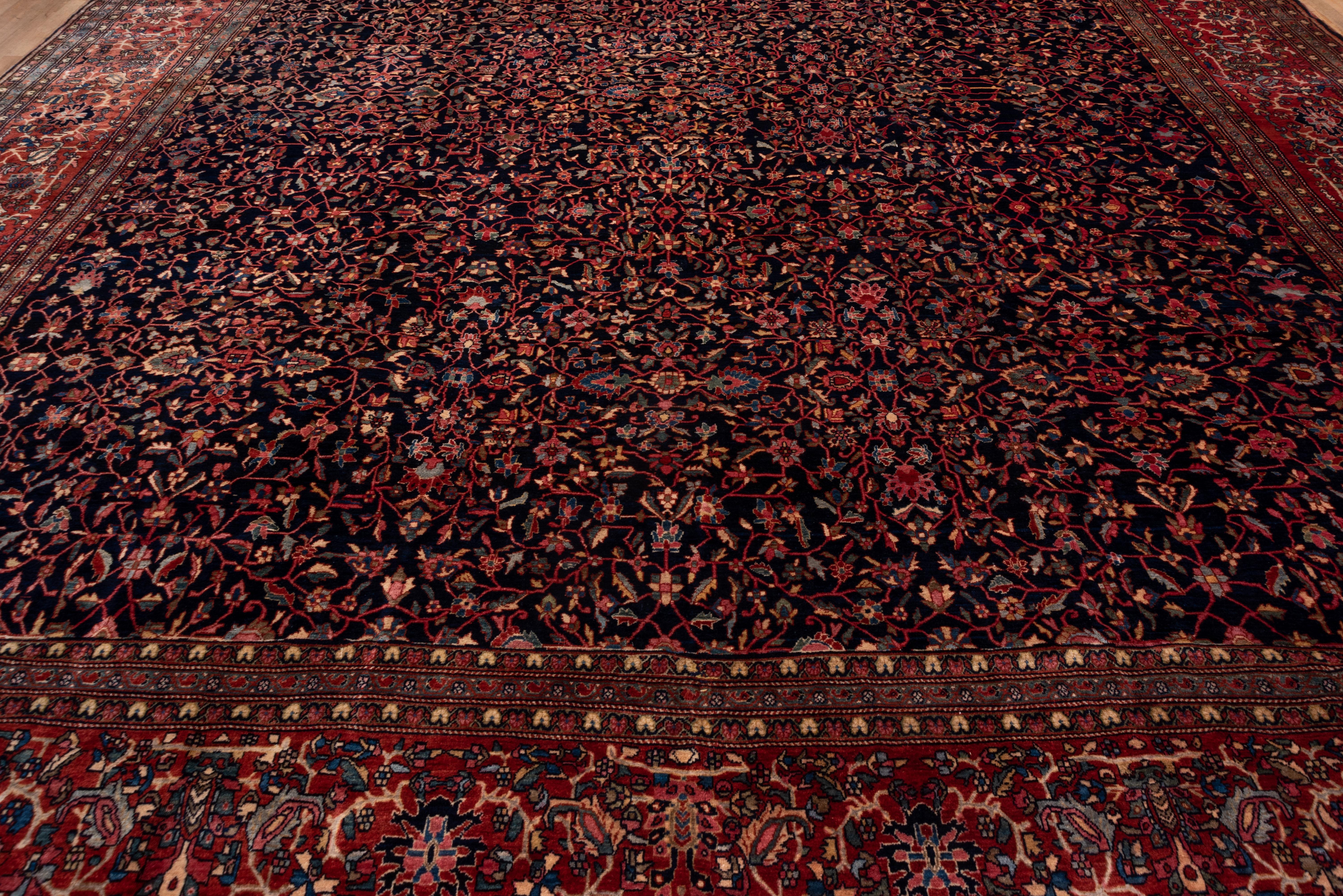 Sarouk Farahan Antique Farahan Sarouk Carpet, Dark Rich Colors, Navy All-Over Field Red Borders For Sale