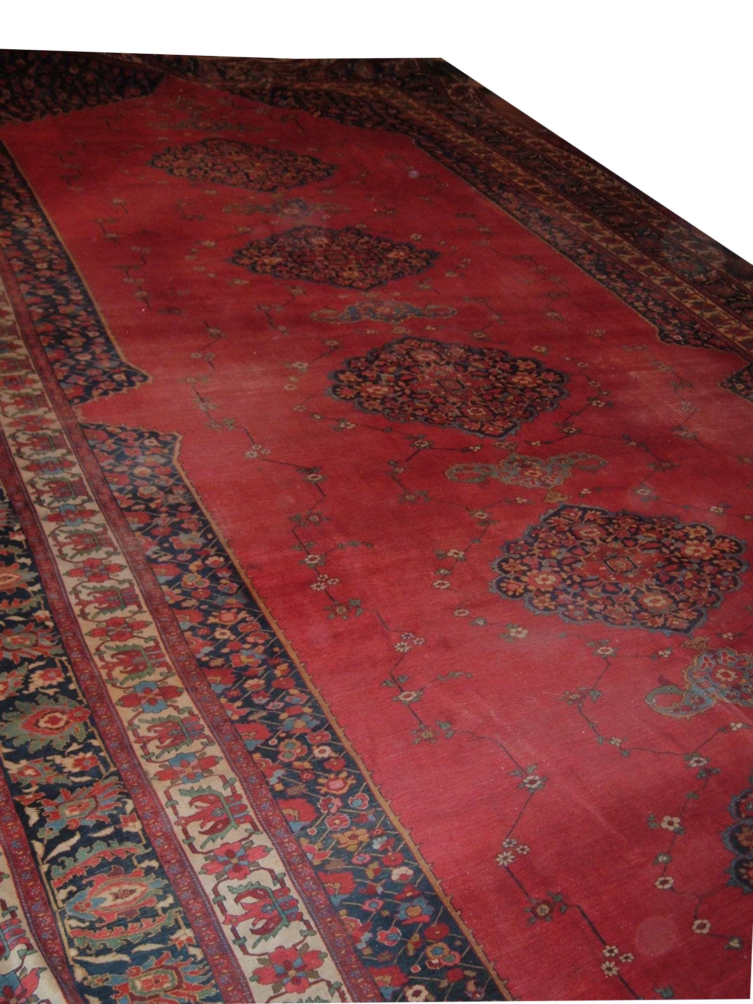 Wool Antique Farahan Sarouk Carpet, Handmade Oriental Rug, Ivory, Navy, Red For Sale