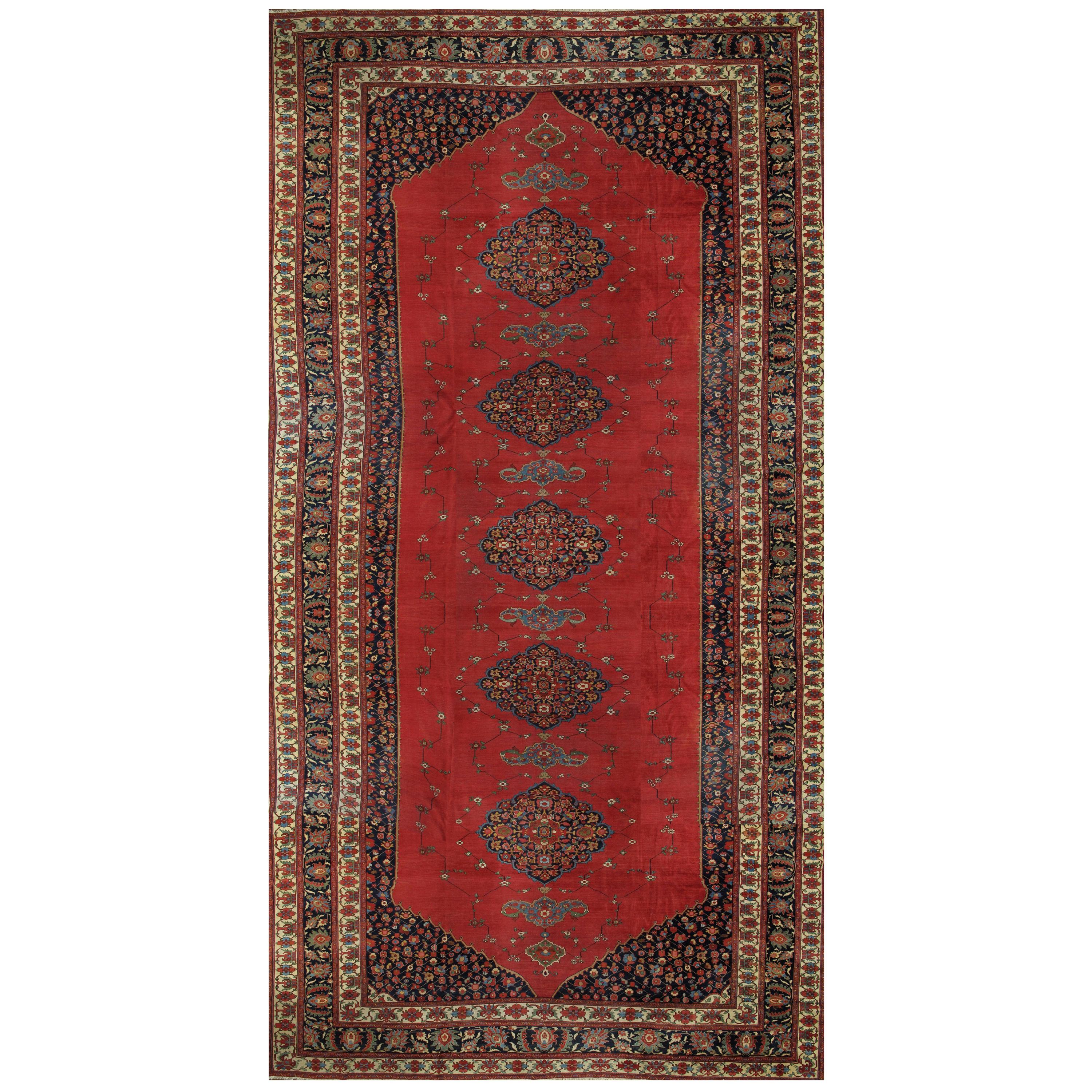 Tapis ancien Farahan Sarouk, tapis oriental fait à la main, ivoire, bleu marine, rouge