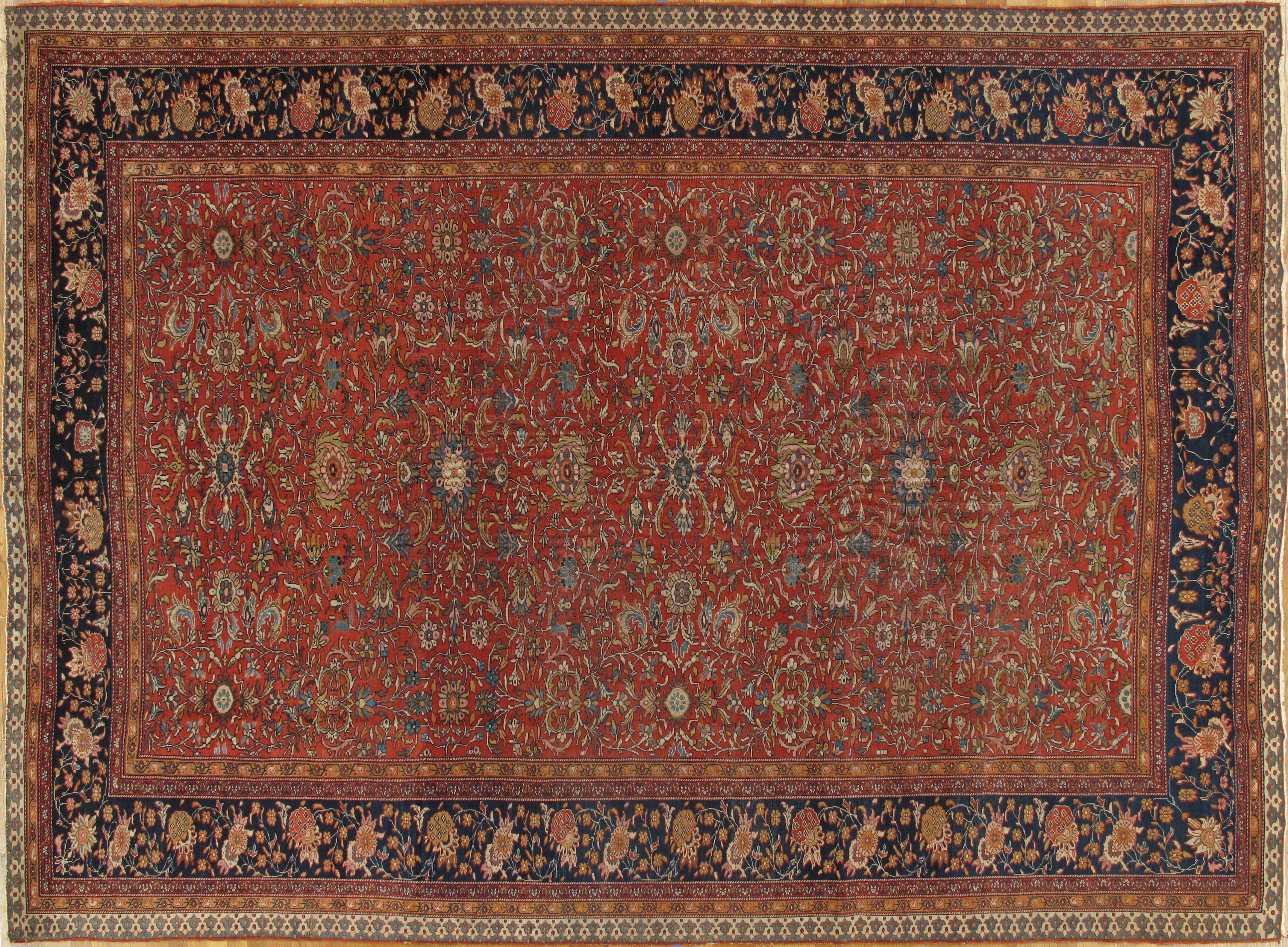 Sarouk Farahan Antique Farahan Sarouk Carpet, Handmade Oriental Rug, Ivory, Red, Navy, Fine  For Sale