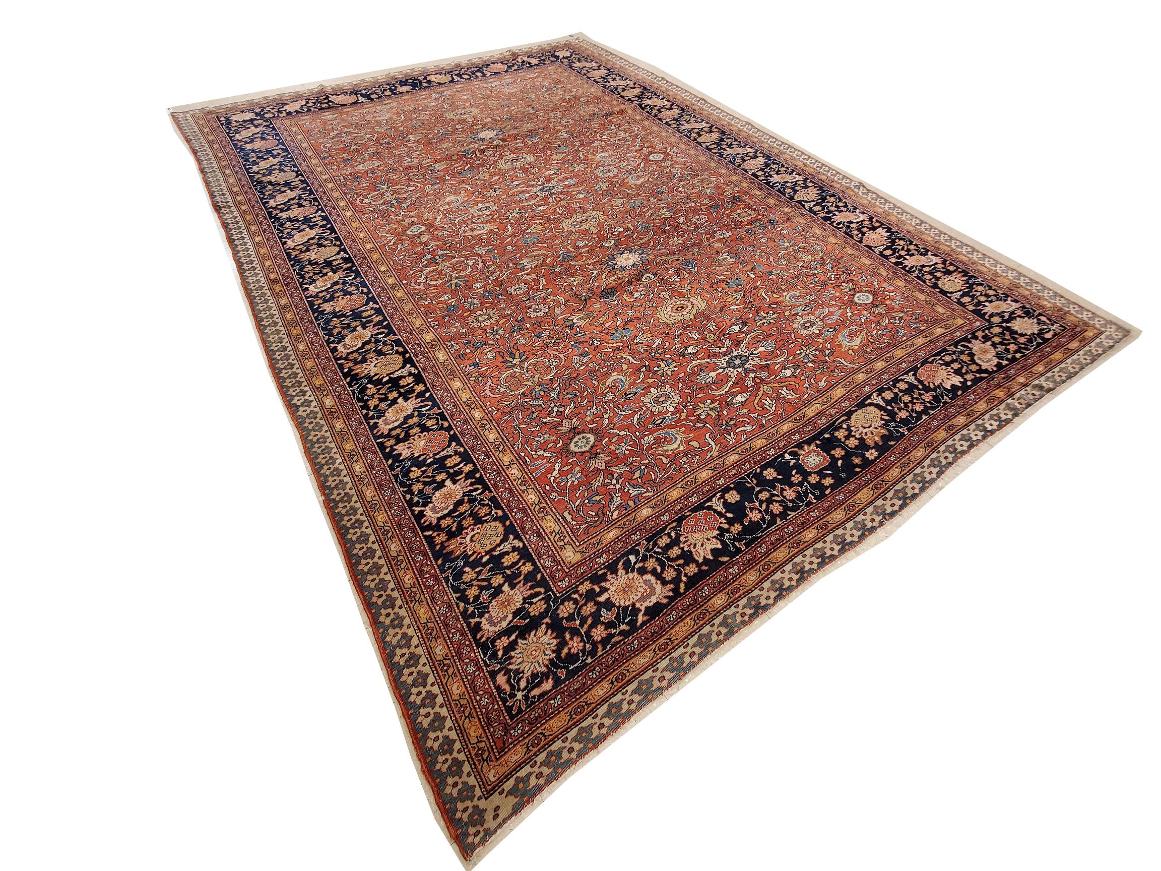Persian Antique Farahan Sarouk Carpet, Handmade Oriental Rug, Ivory, Red, Navy, Fine  For Sale
