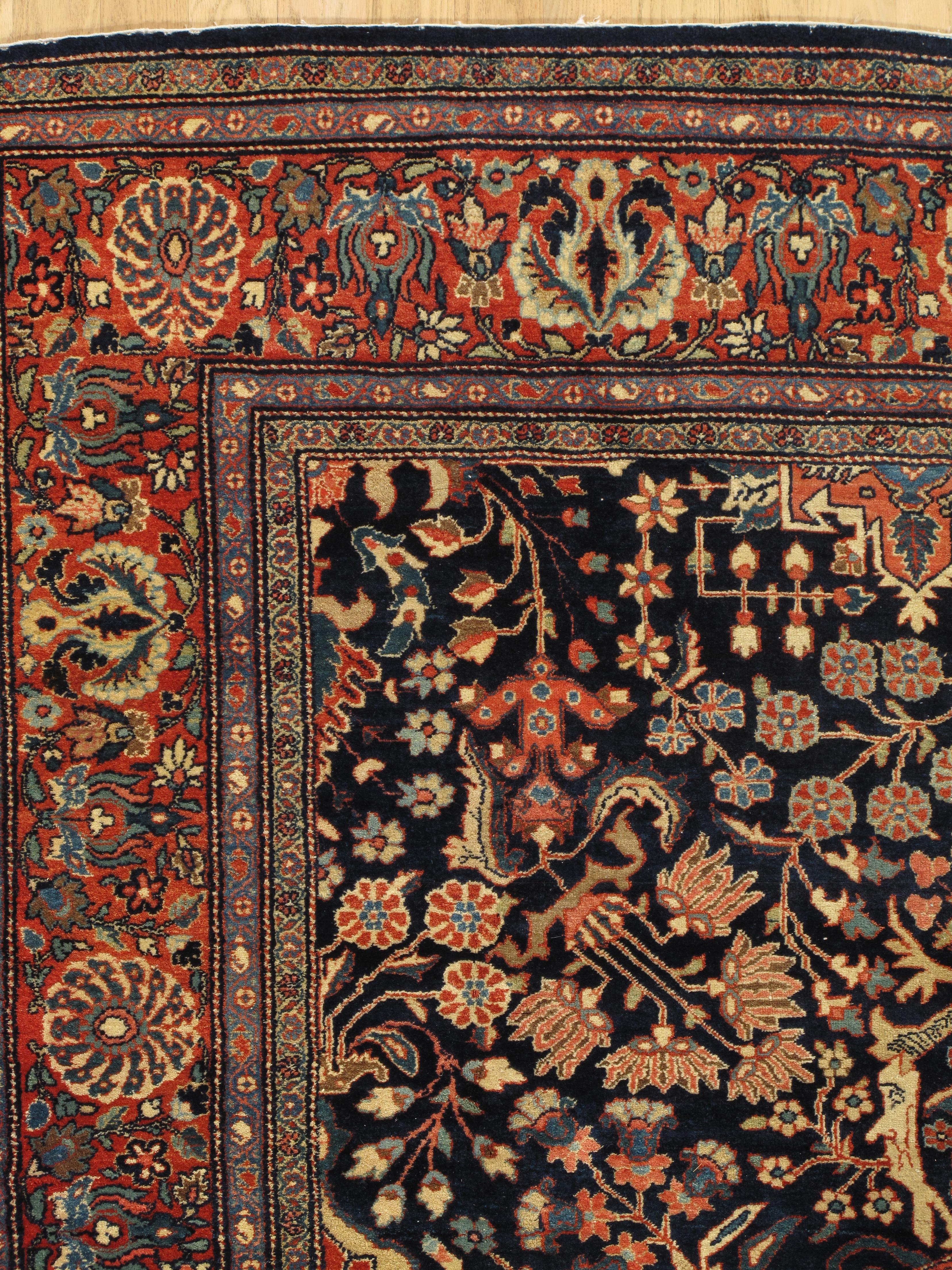 Antiker Farahan Sarouk-Teppich, handgefertigter orientalischer Teppich, marineblau,  Elfenbein, Grün, Rot, Rot (Sarouk Farahan) im Angebot