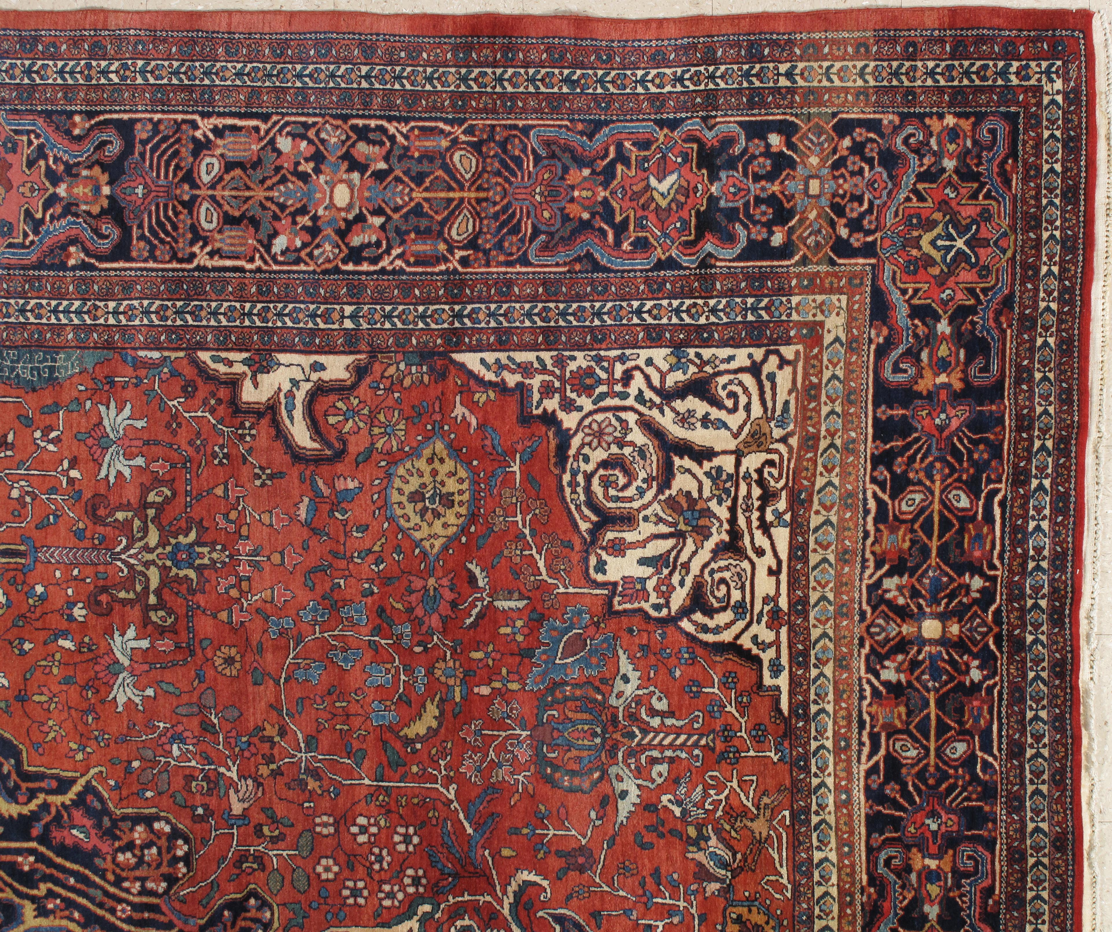 Sarouk Farahan Tapis ancien Farahan Sarouk, tapis oriental fait à la main, rouge, bleu marine, détails fins en vente