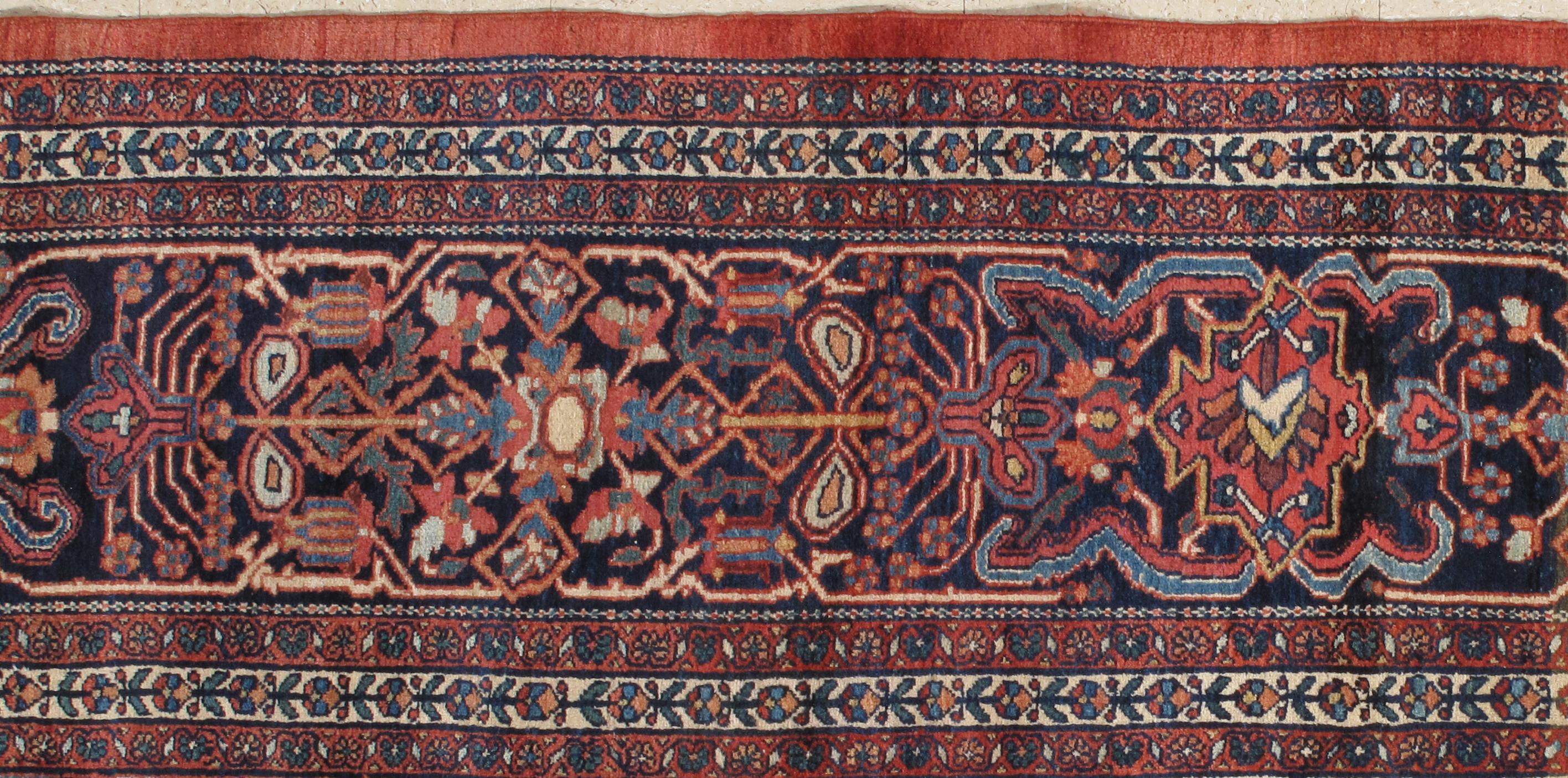 Sarouk Farahan Antique Farahan Sarouk Carpet, Handmade Oriental Rug, Red, Navy, Fine Details For Sale