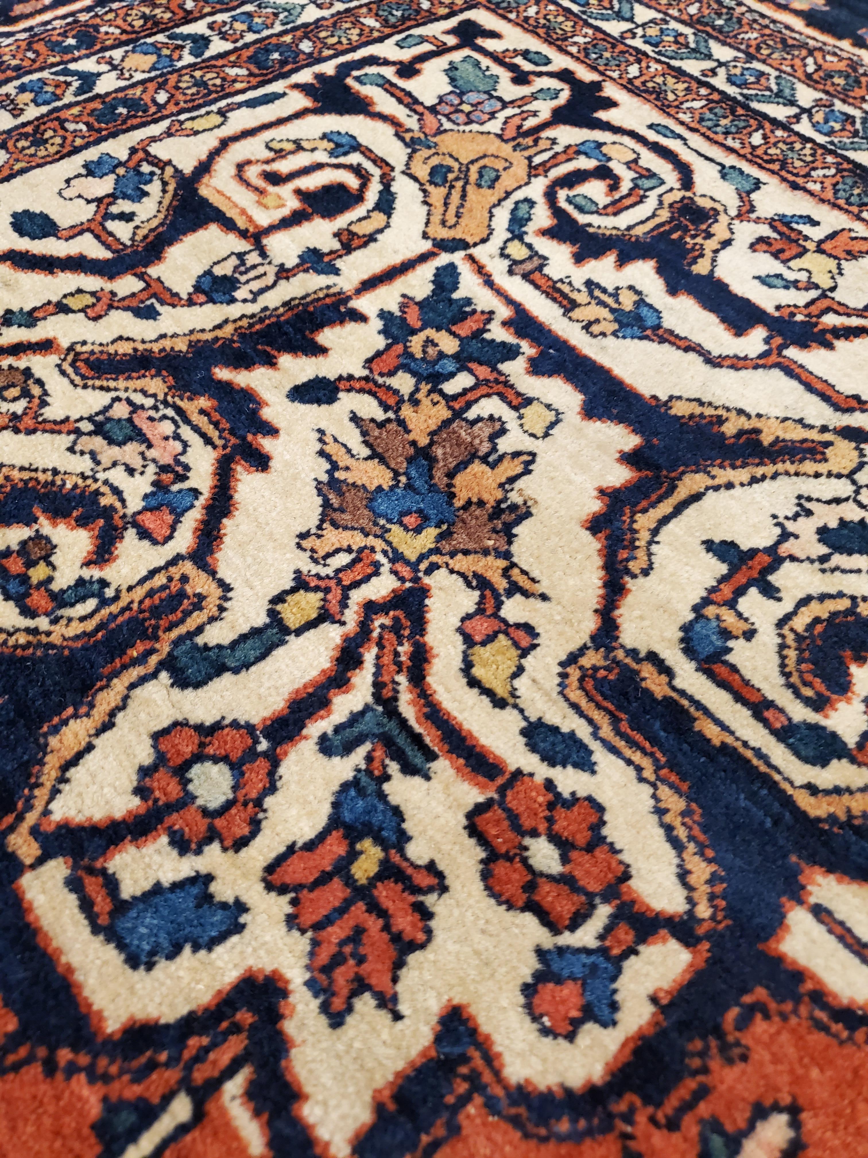Persian Antique Farahan Sarouk Carpet, Handmade Oriental Rug, Red, Navy, Fine Details For Sale