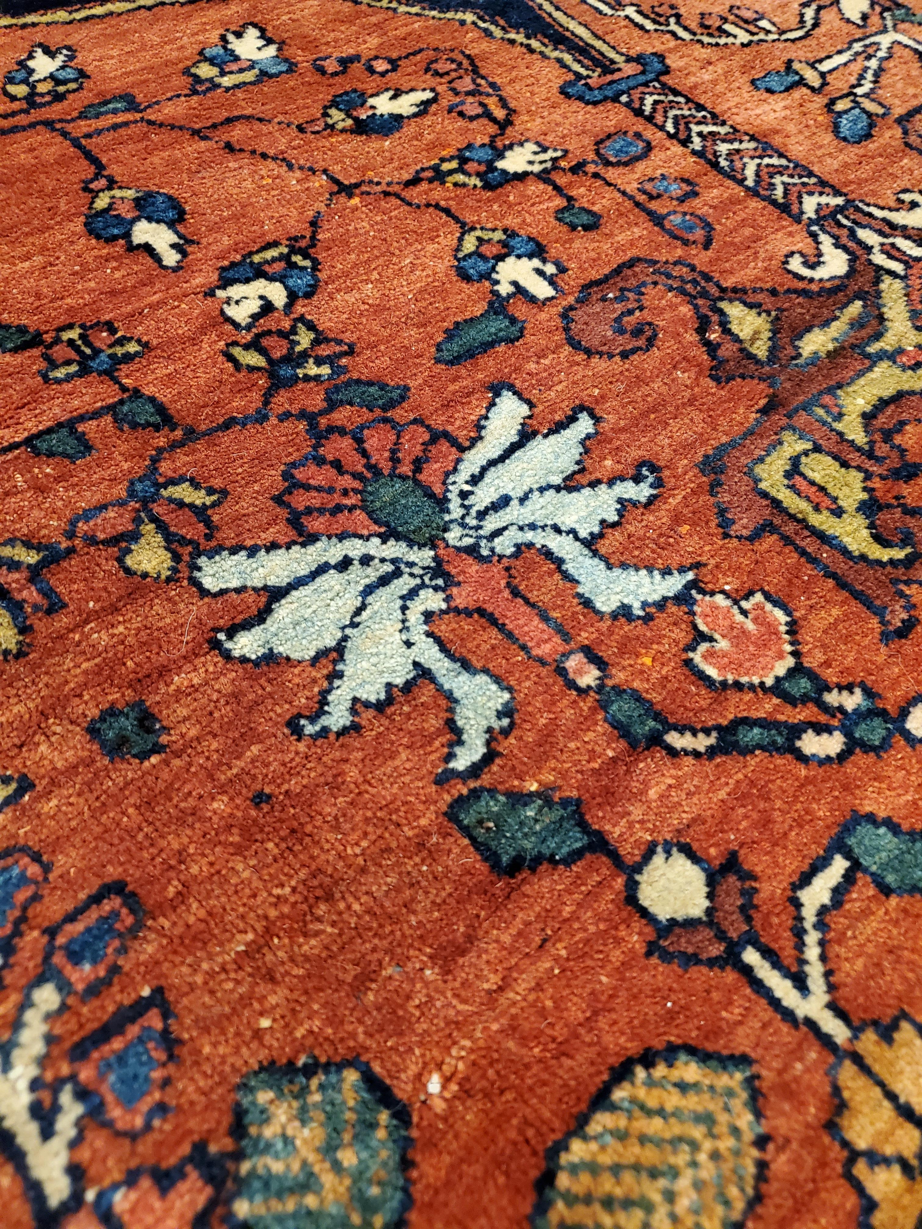 Hand-Crafted Antique Farahan Sarouk Carpet, Handmade Oriental Rug, Red, Navy, Fine Details For Sale