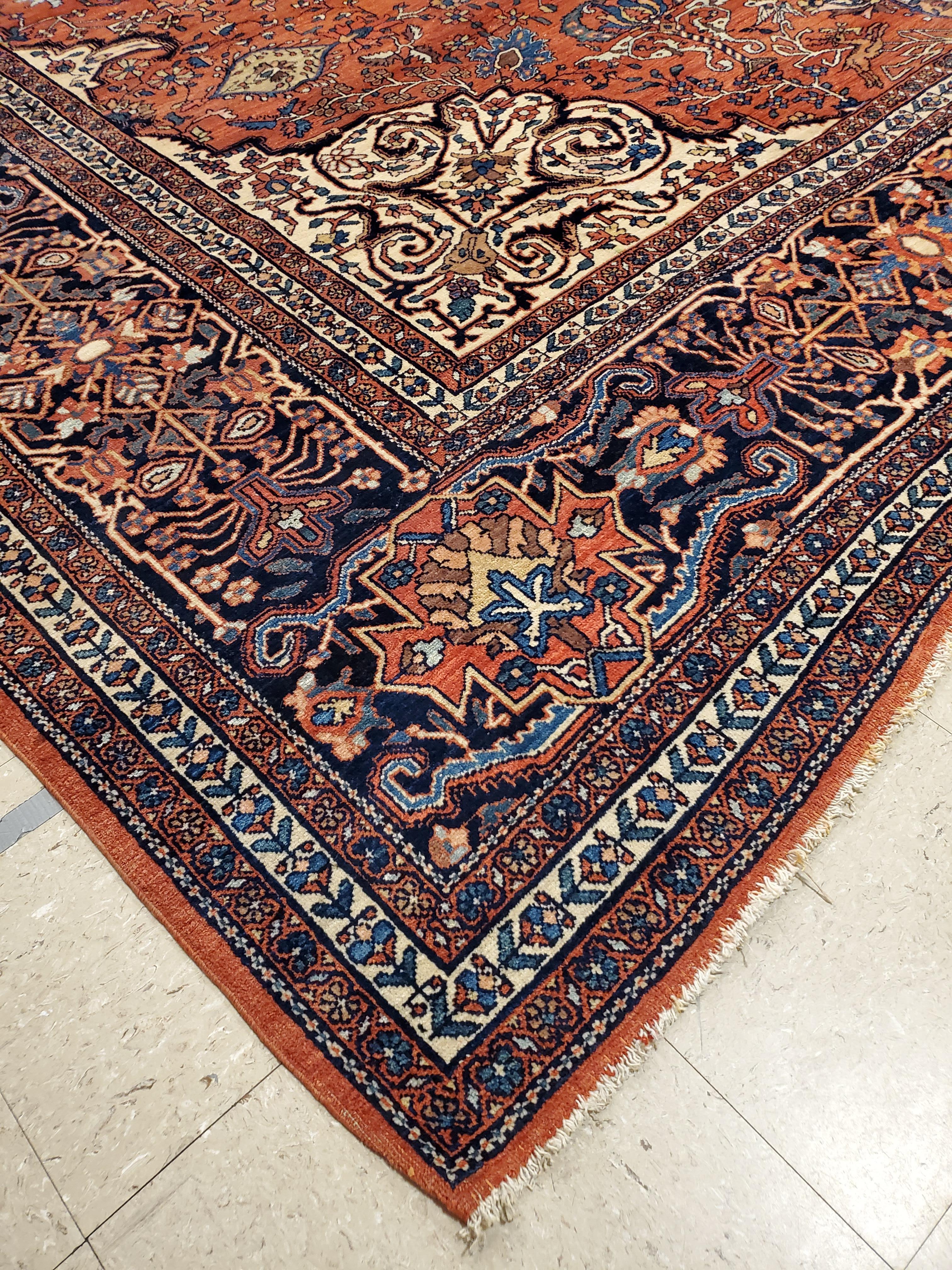 19th Century Antique Farahan Sarouk Carpet, Handmade Oriental Rug, Red, Navy, Fine Details For Sale