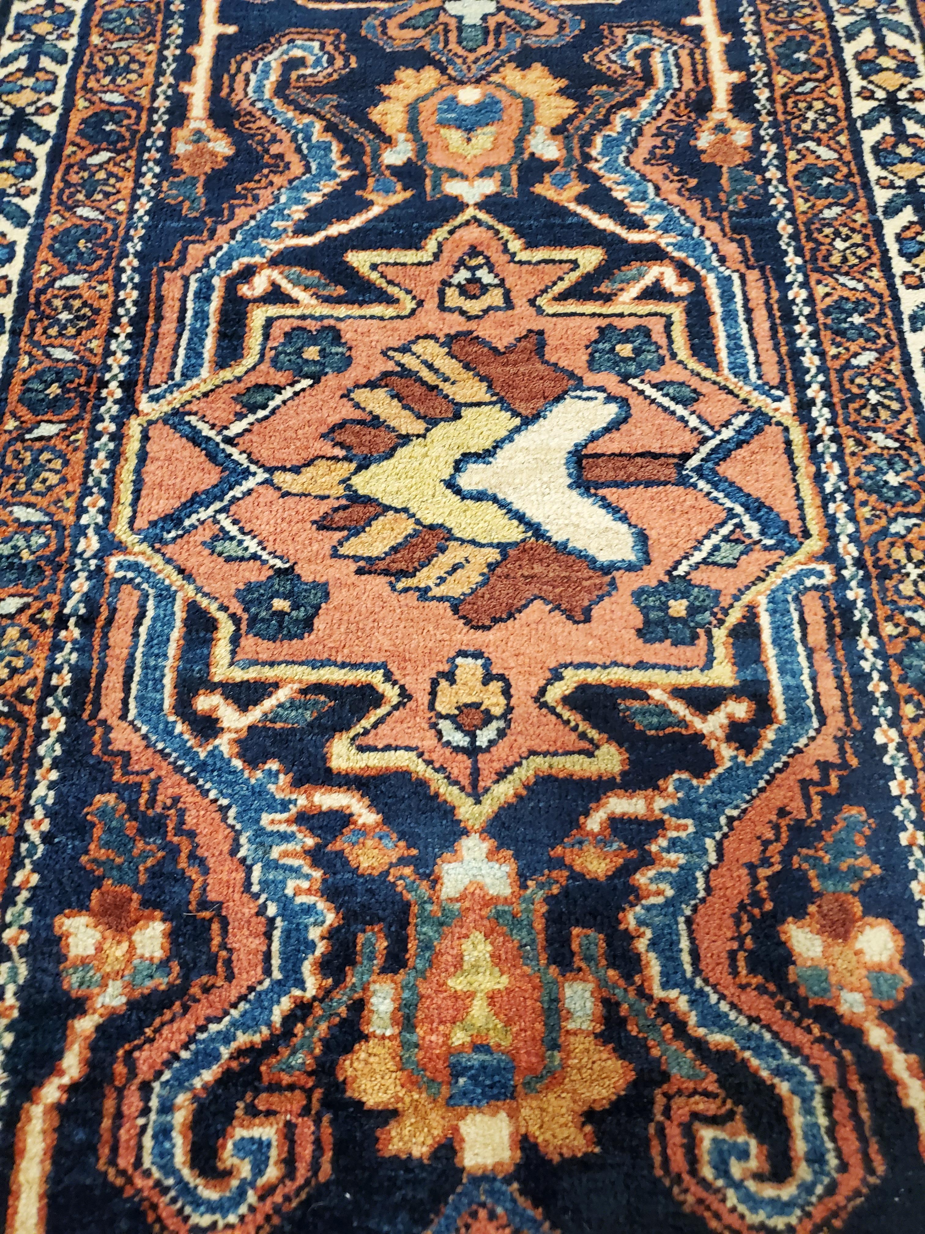 Wool Antique Farahan Sarouk Carpet, Handmade Oriental Rug, Red, Navy, Fine Details For Sale