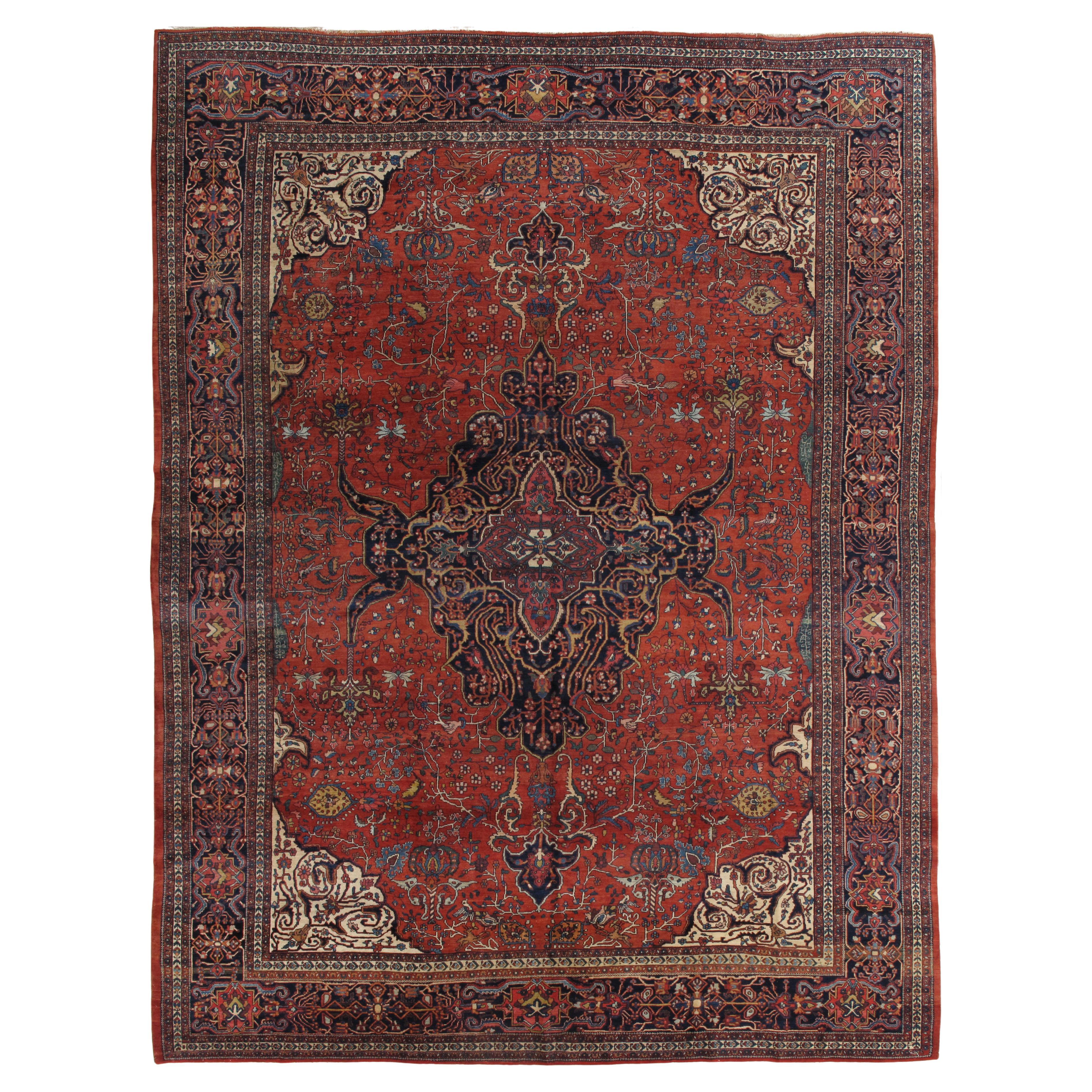 Antique Farahan Sarouk Carpet, Handmade Oriental Rug, Red, Navy, Fine Details For Sale