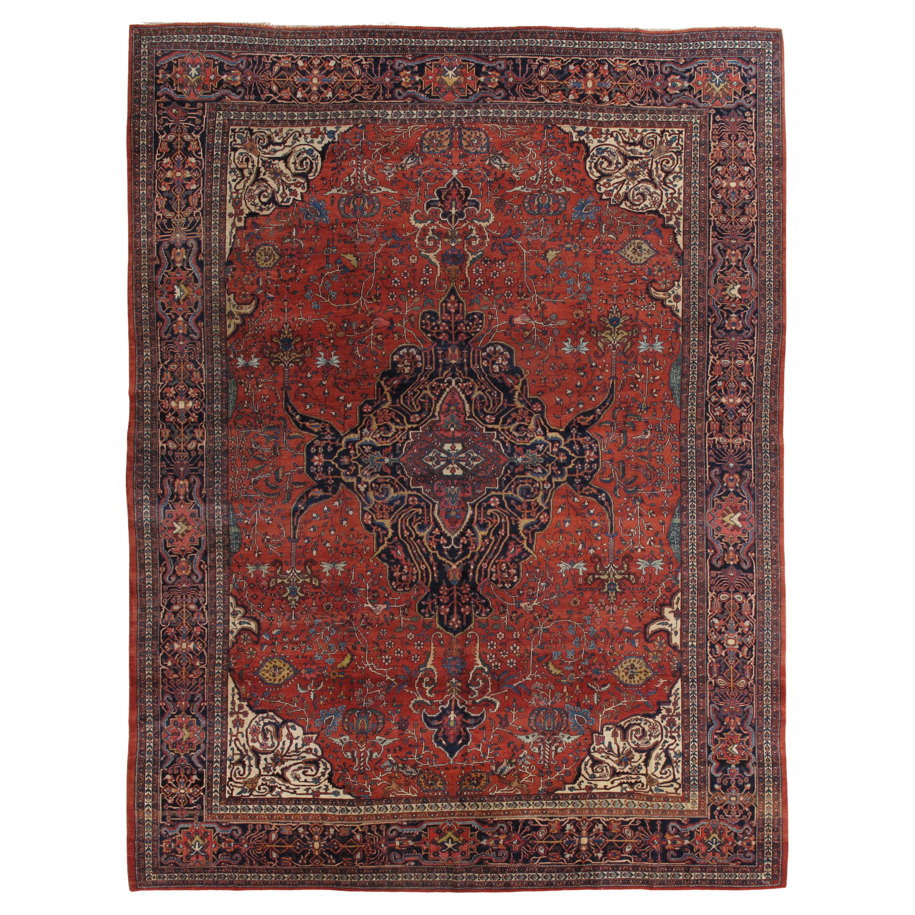 Alfombra Sarouk Farahan Antigua, Alfombra Oriental Hecha a Mano, Rojo, Azul Marino, Finos Detalles