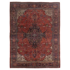 Antique Farahan Sarouk Carpet, Handmade Oriental Rug, Red, Navy, Fine Details