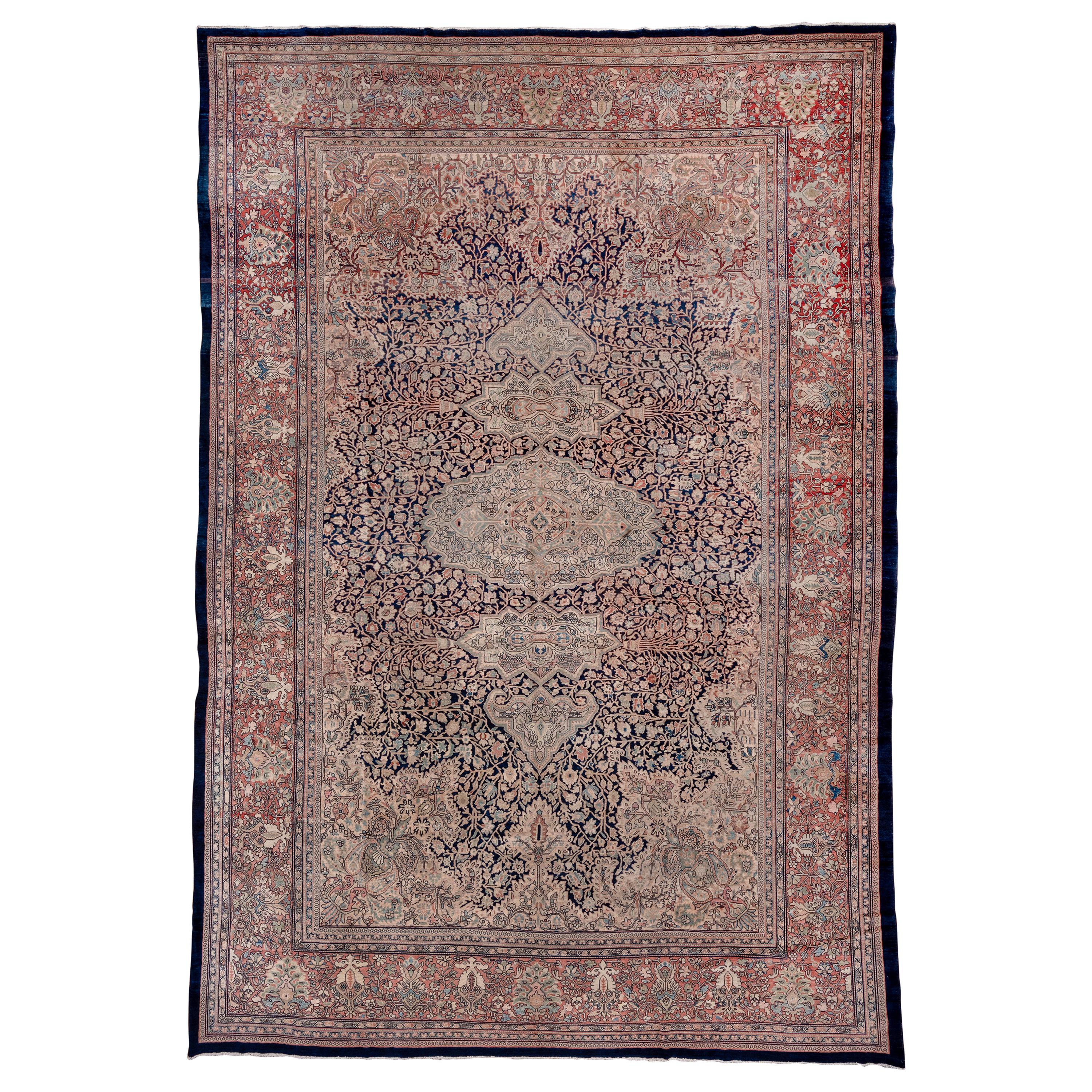 Antique Farahan Sarouk Carpet, Navy and Ivory Field, Salmon Pink Borders For Sale