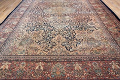 Antique Farahan Sarouk Carpet, Navy and Ivory Field, Salmon Pink Borders