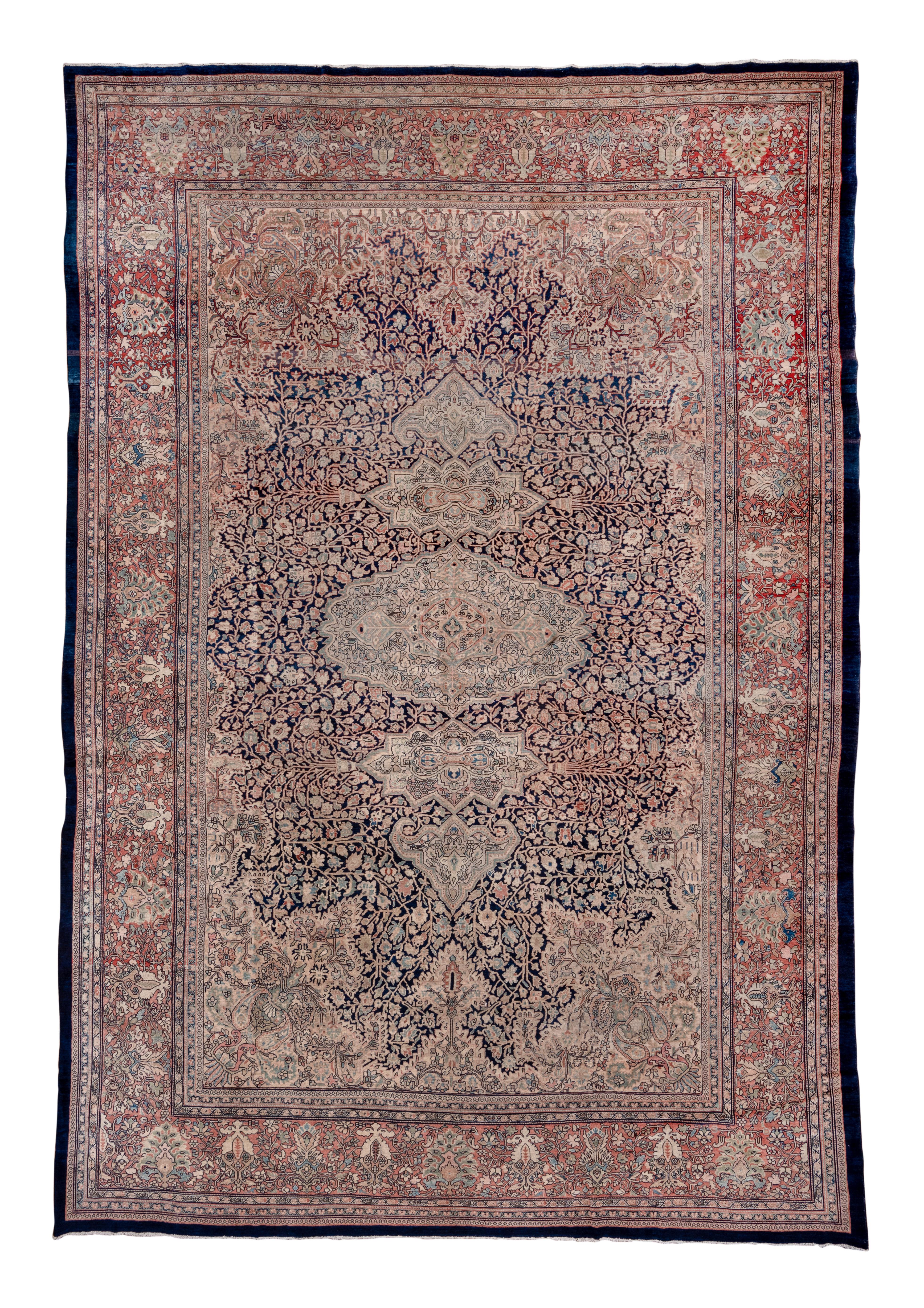 Persiano Antico tappeto Sarouk Farahan, con campo blu e avorio, bordi rosa salmone in vendita