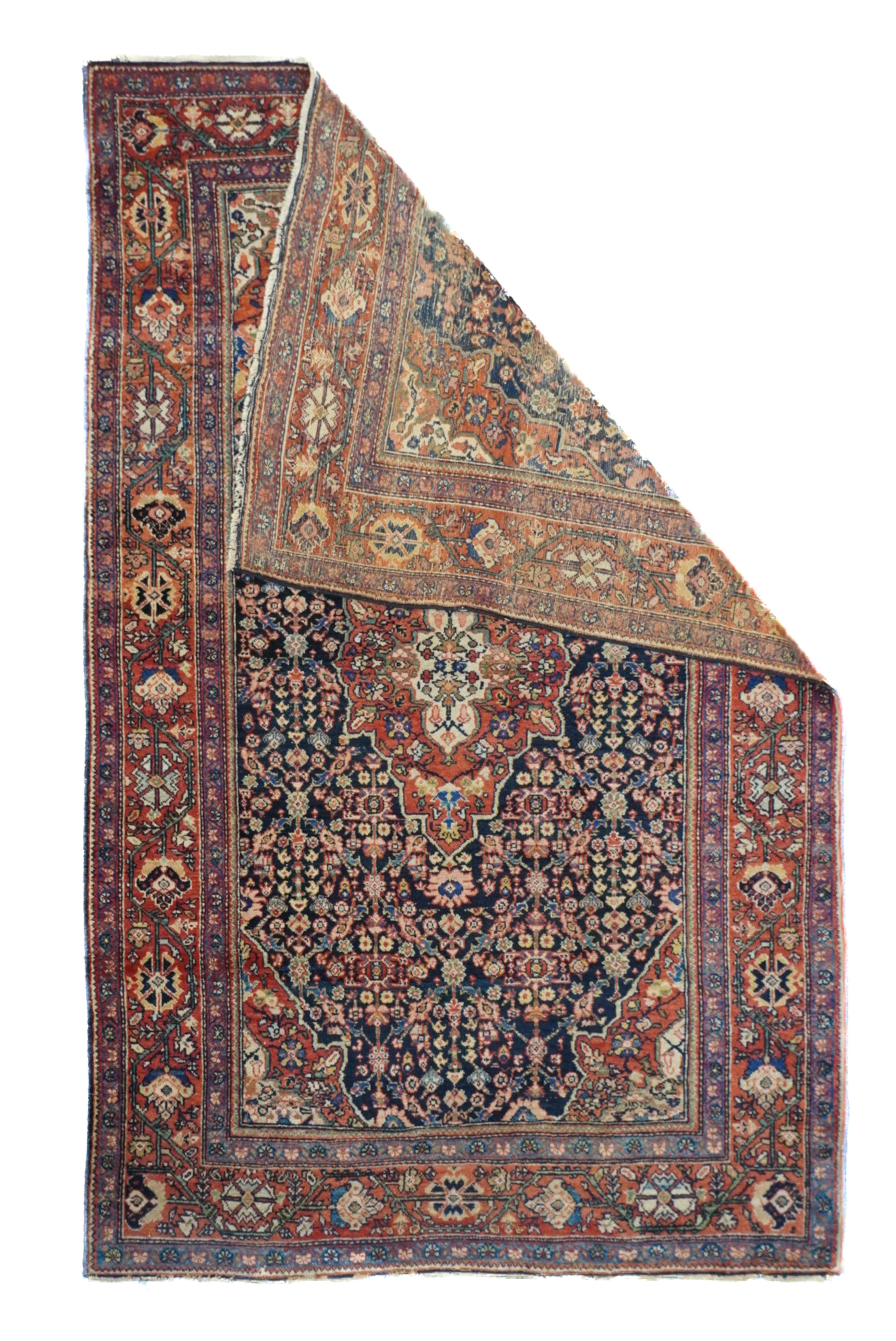 Antique Farahan Sarouk Rug 4'3'' x 6'10''. The scatter and room size pieces made in the Arak/Sultanabad area, between 1880 and 1910, with firm and leathery well-woven textures, and strong in red, navy and ecru tones, usually in medallion formats. A