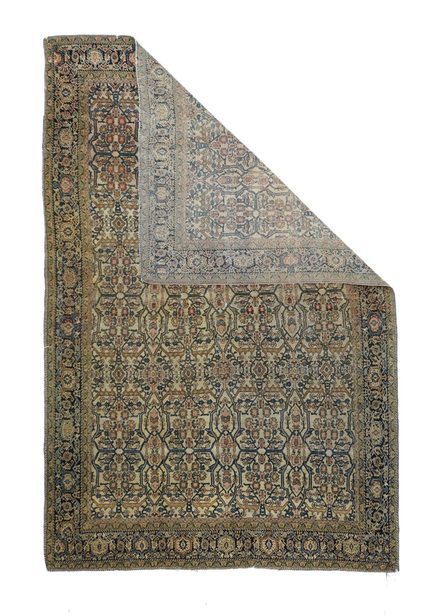 This well-woven rustic west Persian scatter shows a semi-urban allover textile pattern of open lozenges, strongly serrated leaves, radiating flower groups and arabesques defining reserves. Green, navy, brown-black and red are among the detail tones.