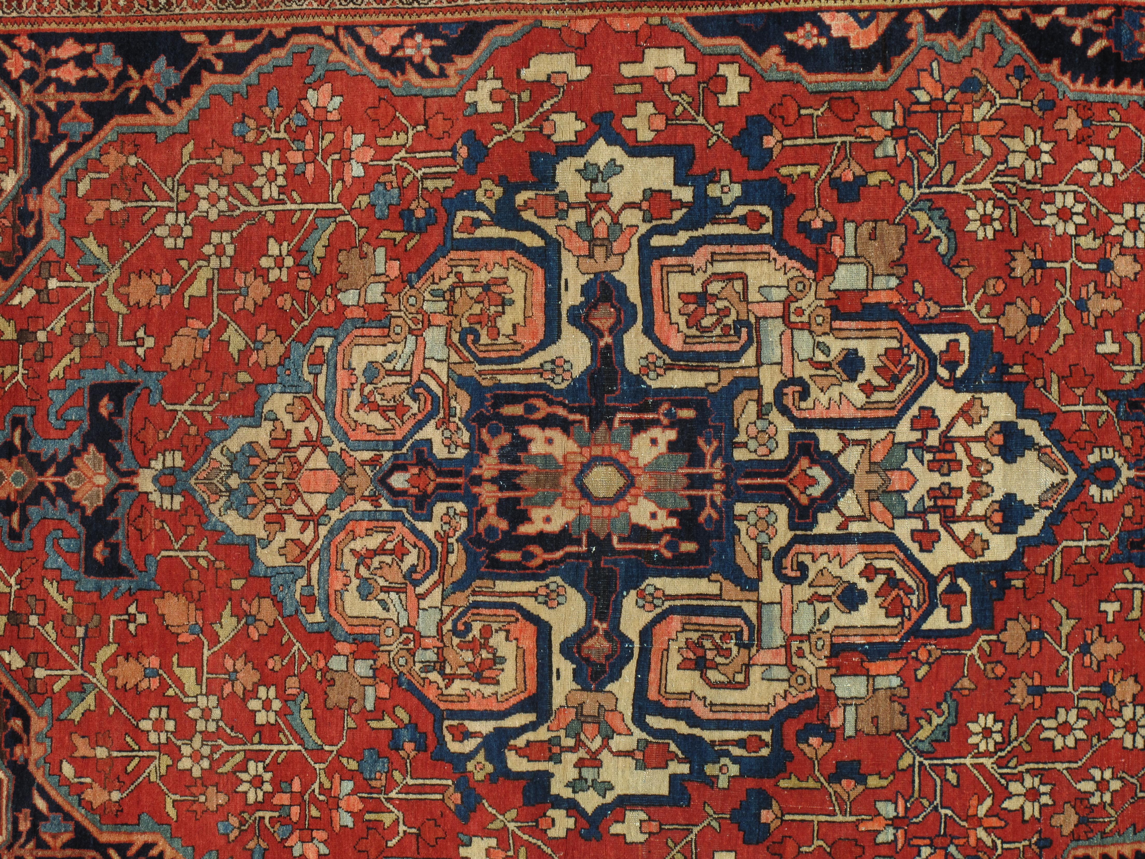 Persian Antique Farahan Sarouk Rug, Handmade Oriental Rug, Rusty Red Navy Blue Very Fine For Sale