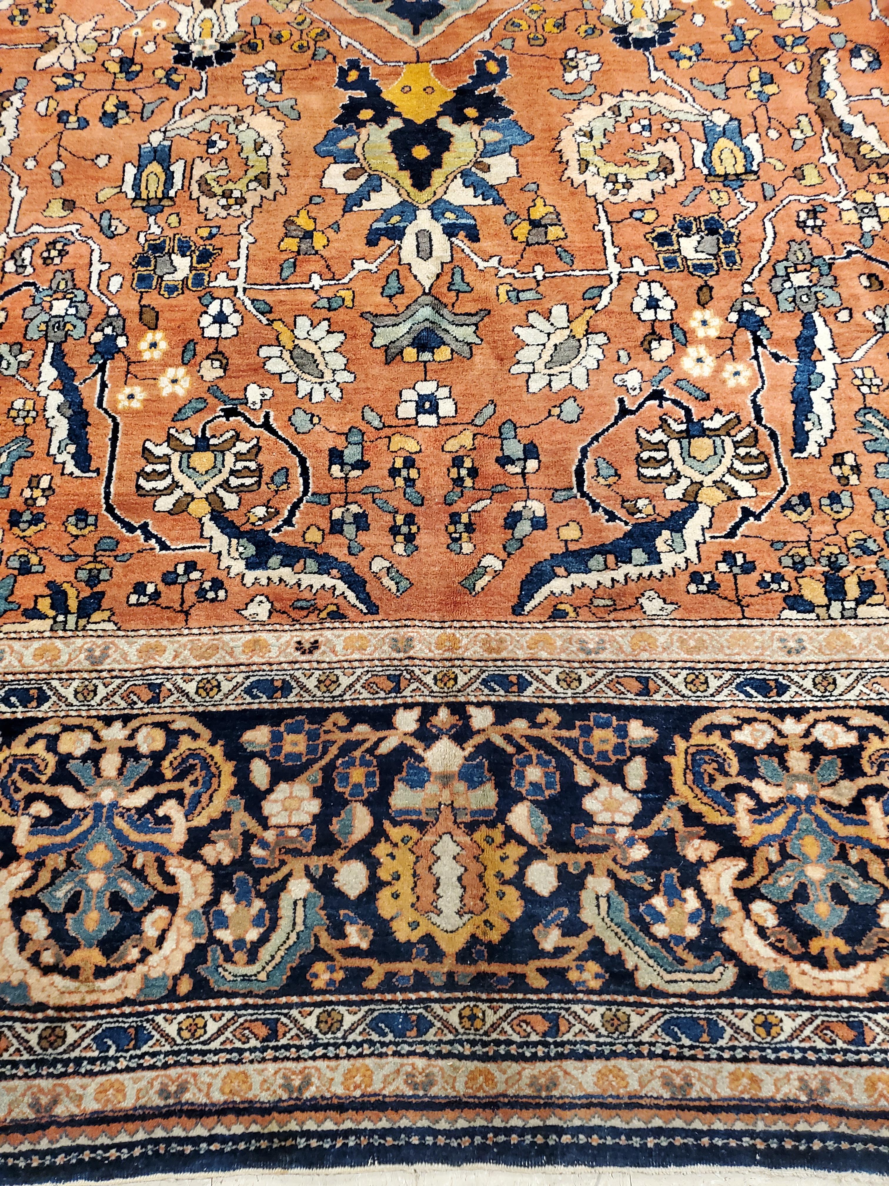 Persian Antique Farahan Sarouk Rug, Handmade Oriental Rug, Rusty Red Navy Blue Very Fine For Sale