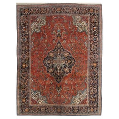 Antiker Farahan Sarouk-Teppich, handgefertigter orientalischer Teppich, Rostrot, Marineblau, sehr fein