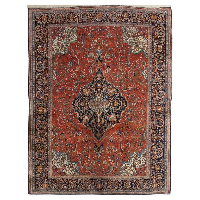 Antique Farahan Sarouk Rug, Handmade Oriental Rug, Rusty Red Navy Blue