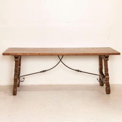 Antique Farm House Dining Table with Carved Legs and Iron Stretcher