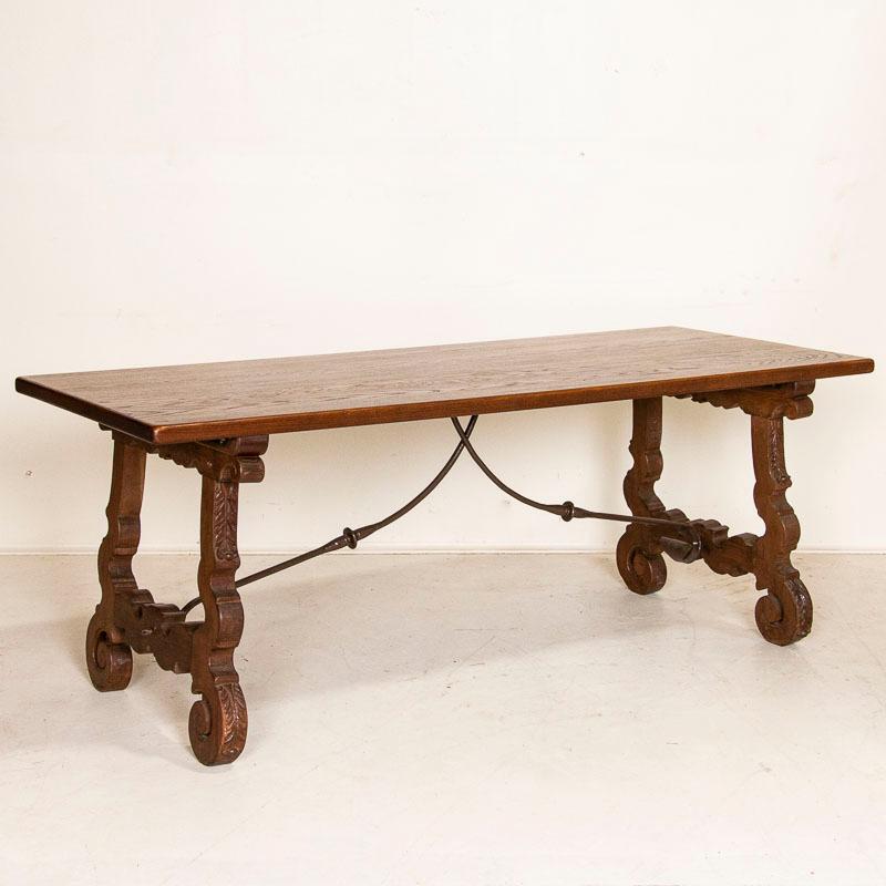 Spanish Antique Farm House Dining Table with Carved Legs and Iron Stretcher
