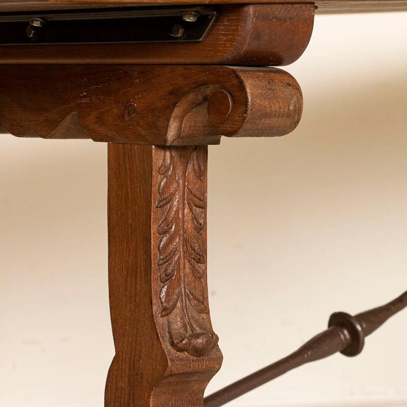 Oak Antique Farm House Dining Table with Carved Legs and Iron Stretcher
