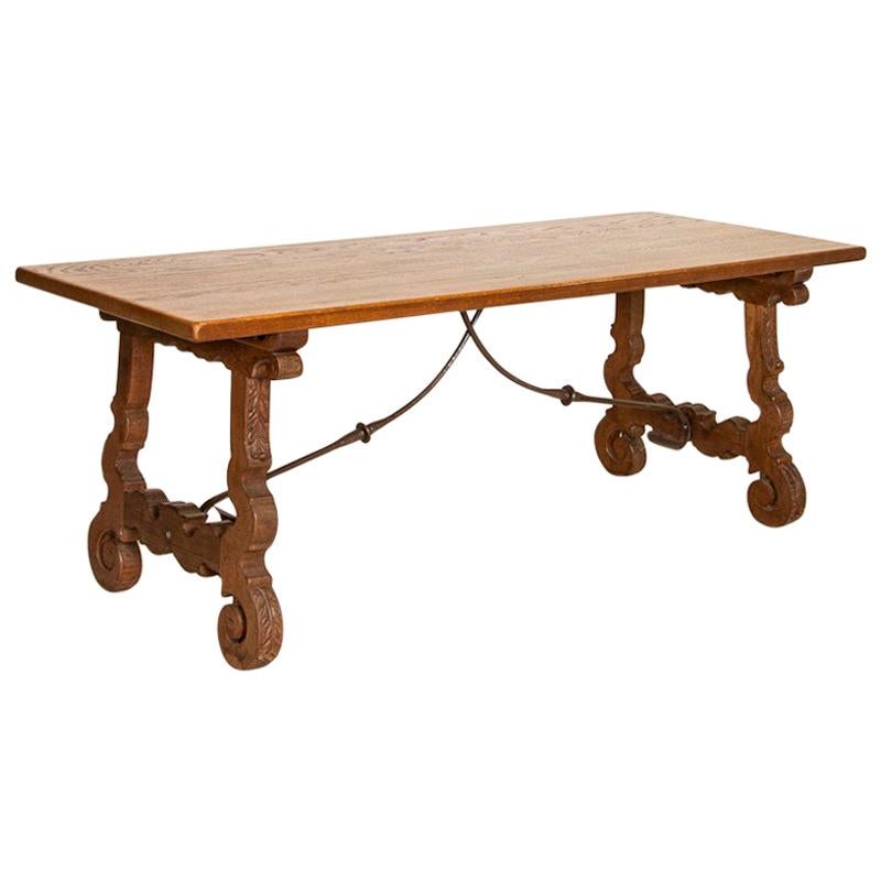 Antique Farm House Dining Table with Carved Legs and Iron Stretcher