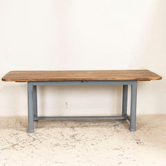 Antique Farm Table Primitive 7' Dining Table with Gray Painted Base and Natural