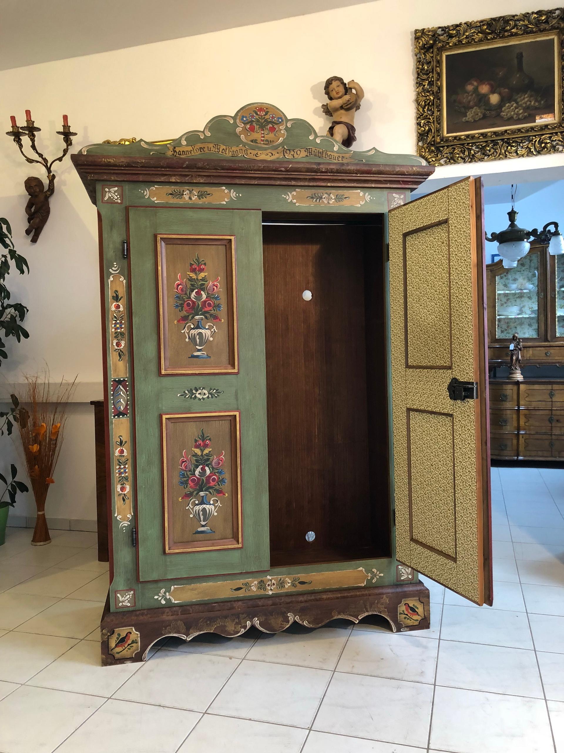 Folk Art Antique Farmers Cabinet or Wardrobe with Beautiful Painting Works