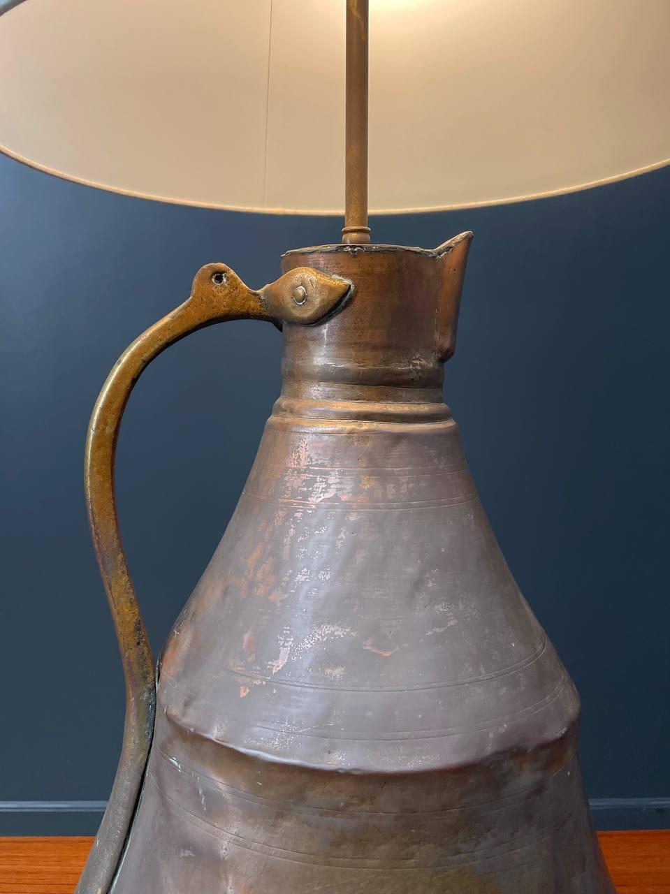 Early 20th Century Antique Farmhouse Copper & Brass Pitcher Table Lamp For Sale