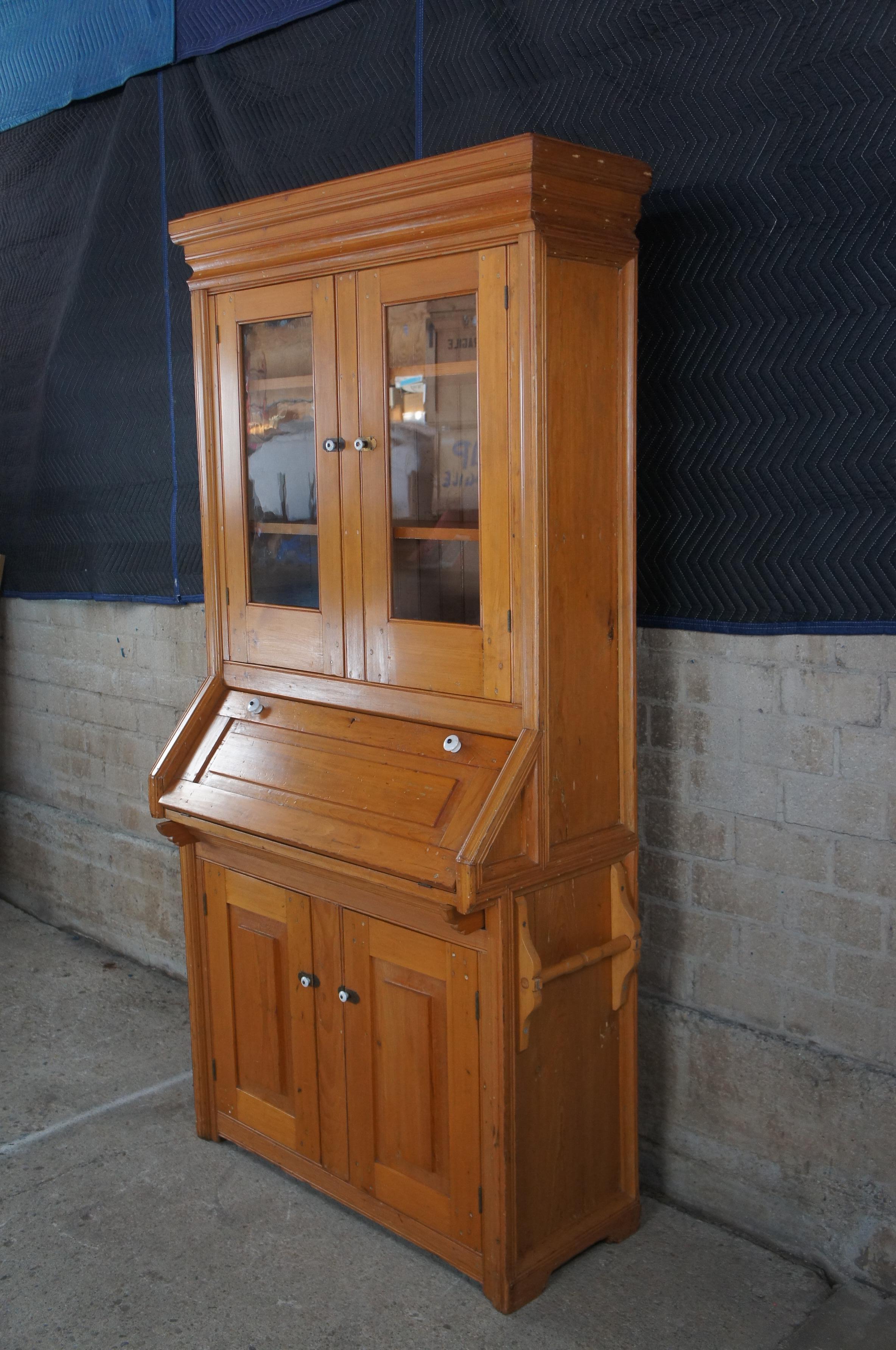Antique Farmhouse Country Pine Secretary Writing Desk Bookcase Kitchen Cupboard In Good Condition For Sale In Dayton, OH