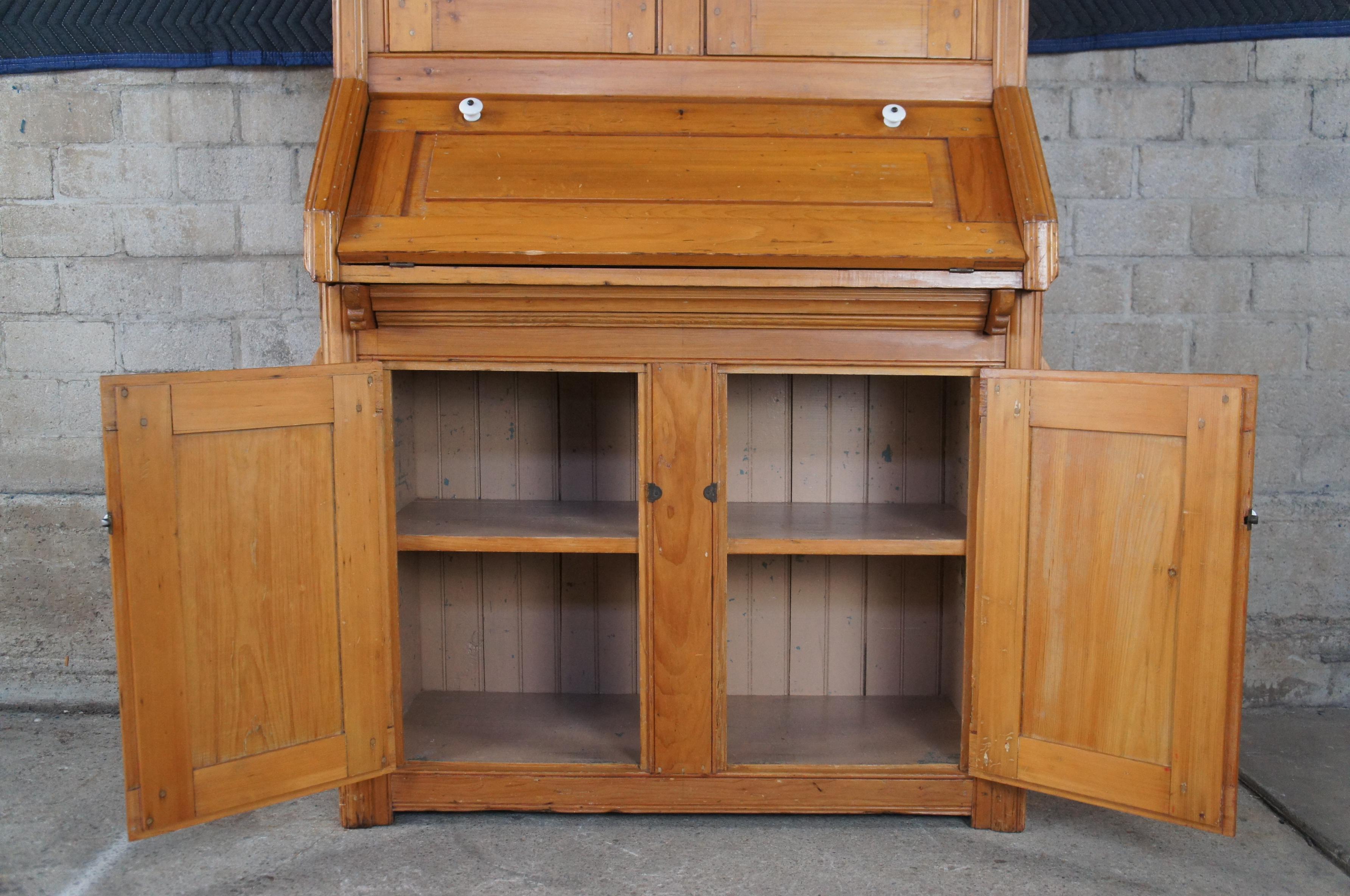20th Century Antique Farmhouse Country Pine Secretary Writing Desk Bookcase Kitchen Cupboard For Sale