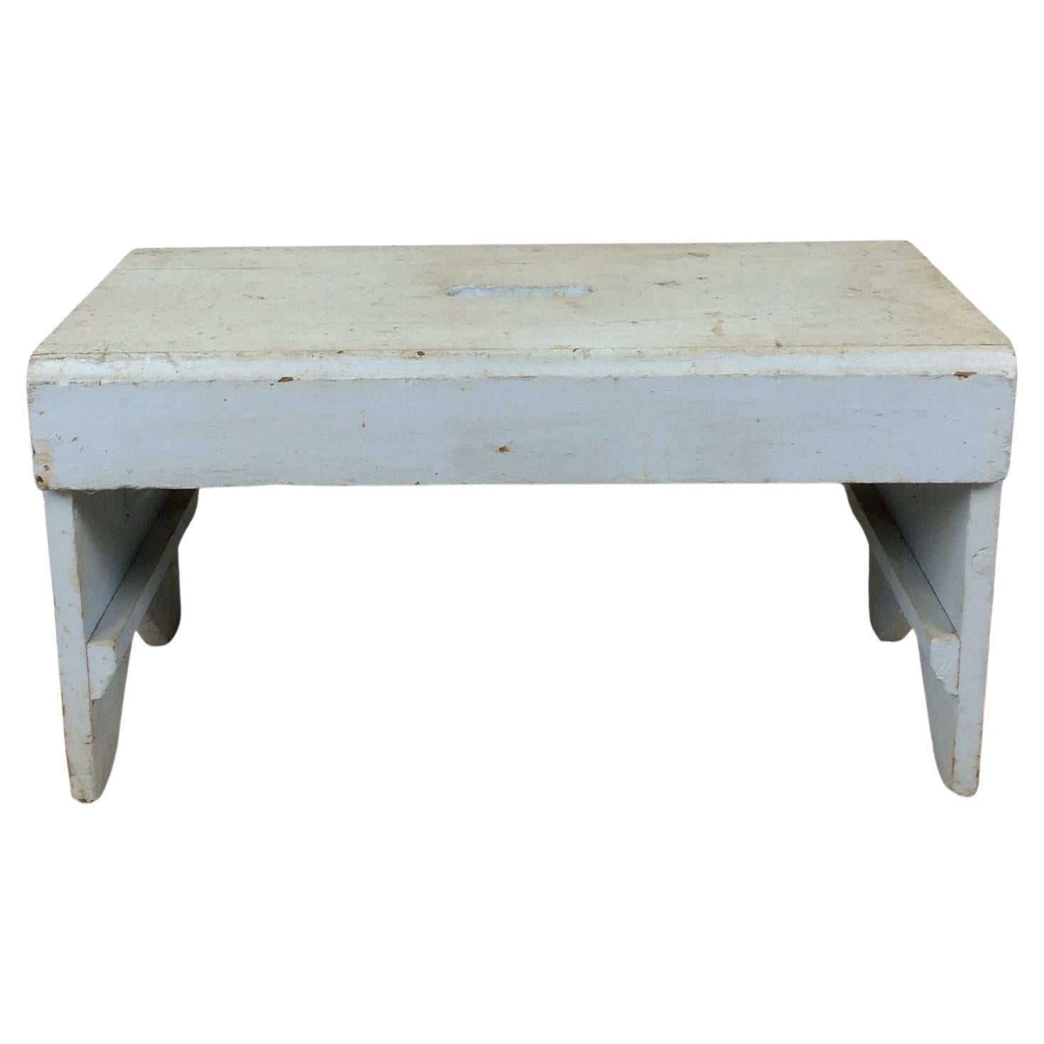 Antique Farmhouse Gray Painted Bench Footstool For Sale