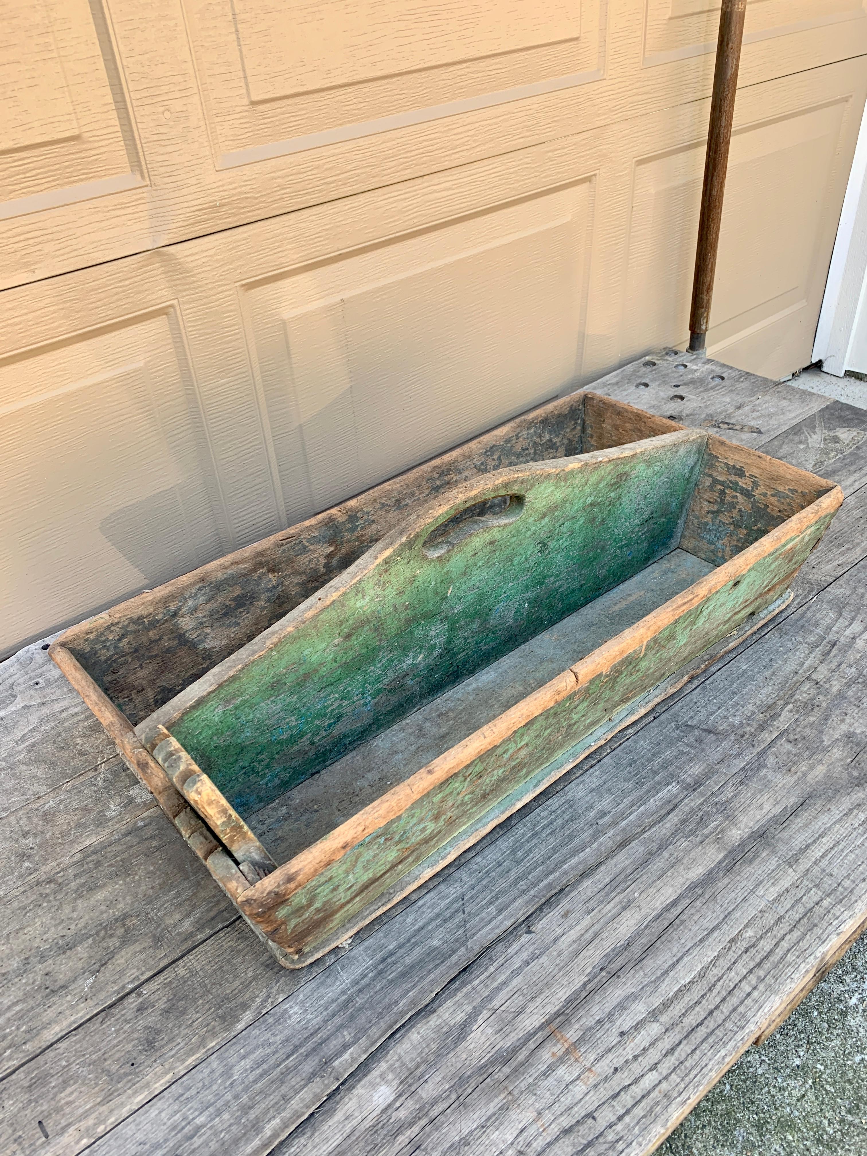 Rustic Antique Farmhouse Green Wooden Trug For Sale