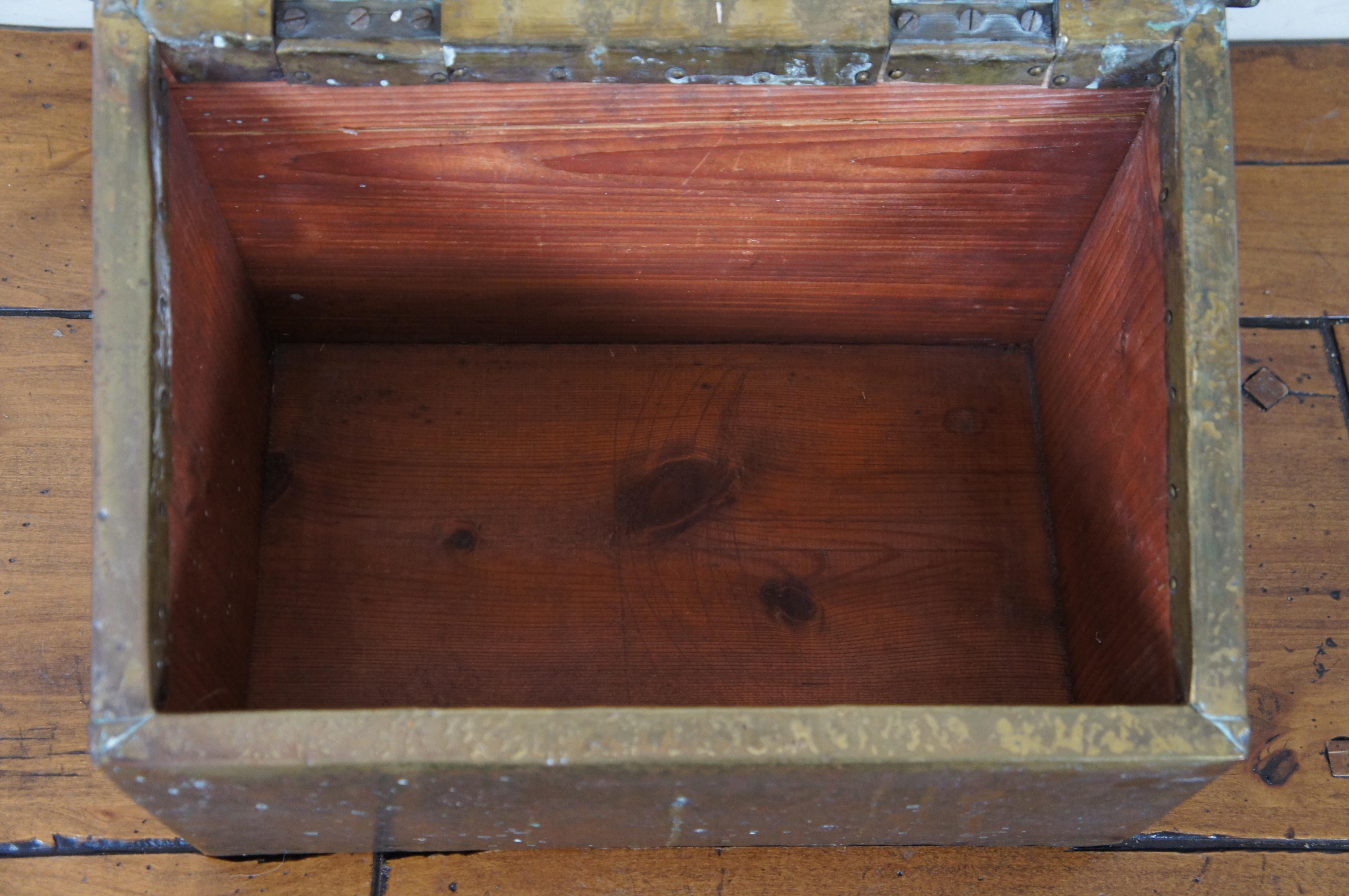 Antique Farmhouse Pine Hammered Brass Fireside Slippers Warming Box 15