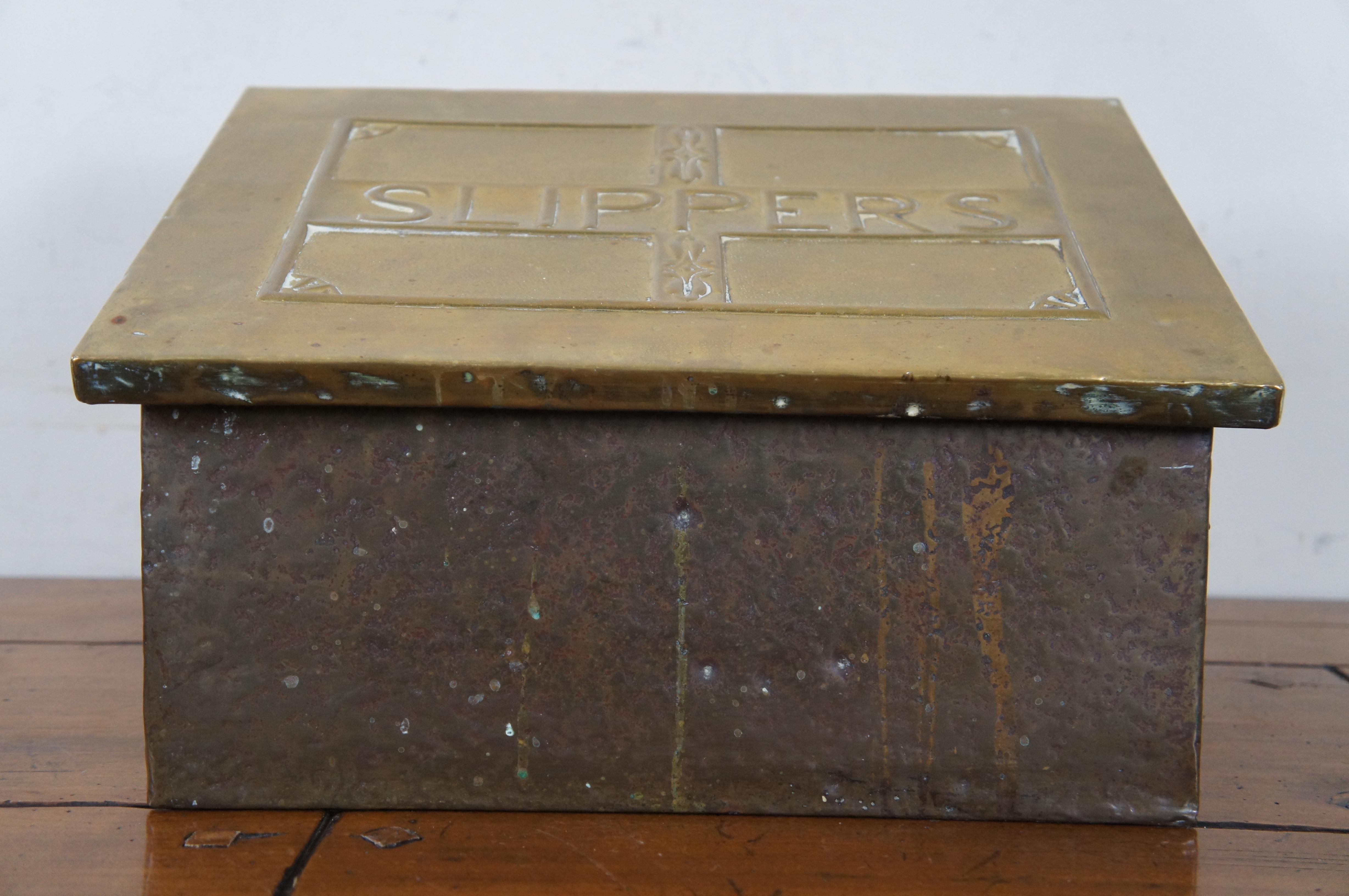 Antique Farmhouse Pine Hammered Brass Fireside Slippers Warming Box 15