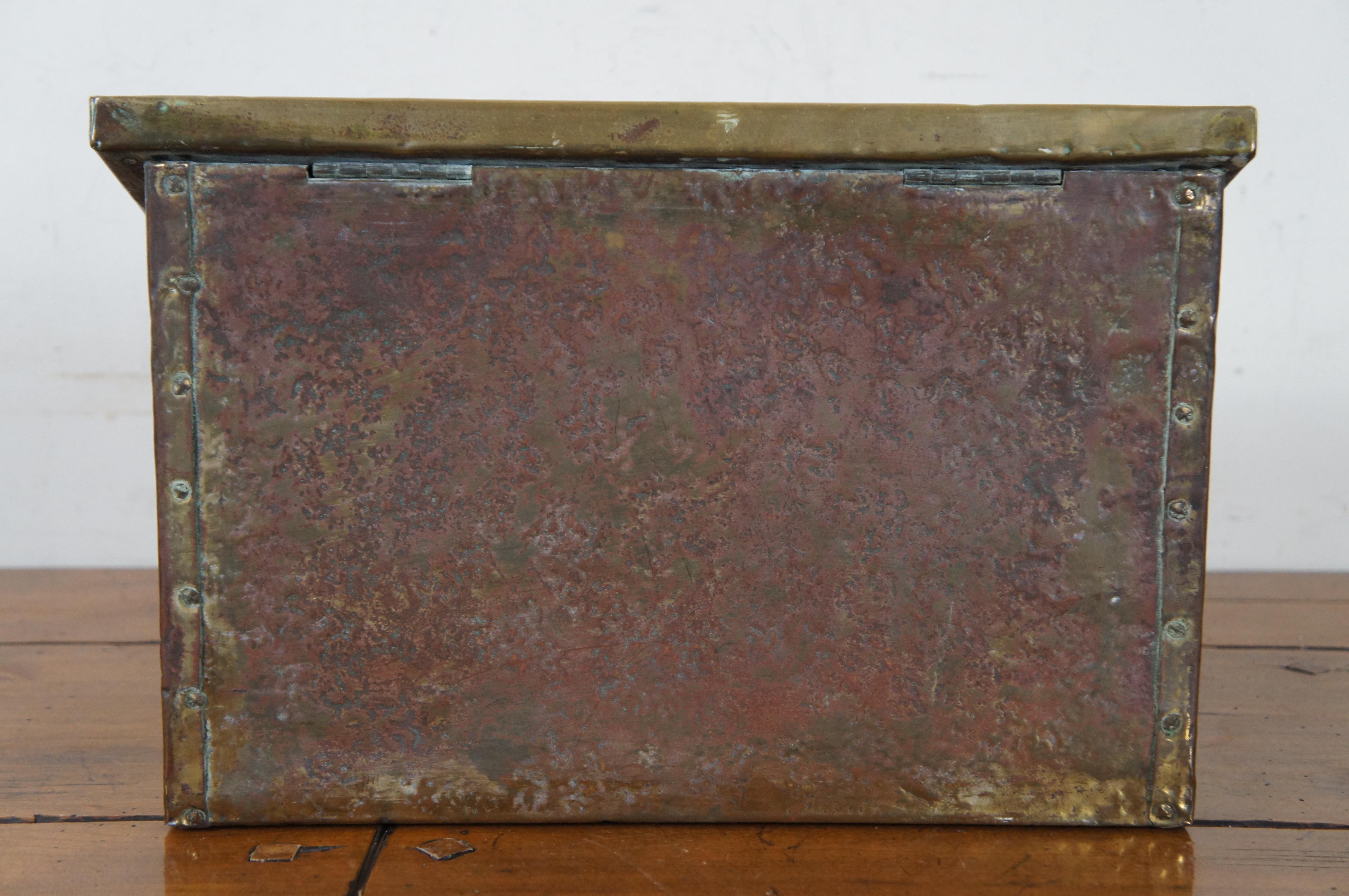 Antique Farmhouse Pine Hammered Brass Fireside Slippers Warming Box 15
