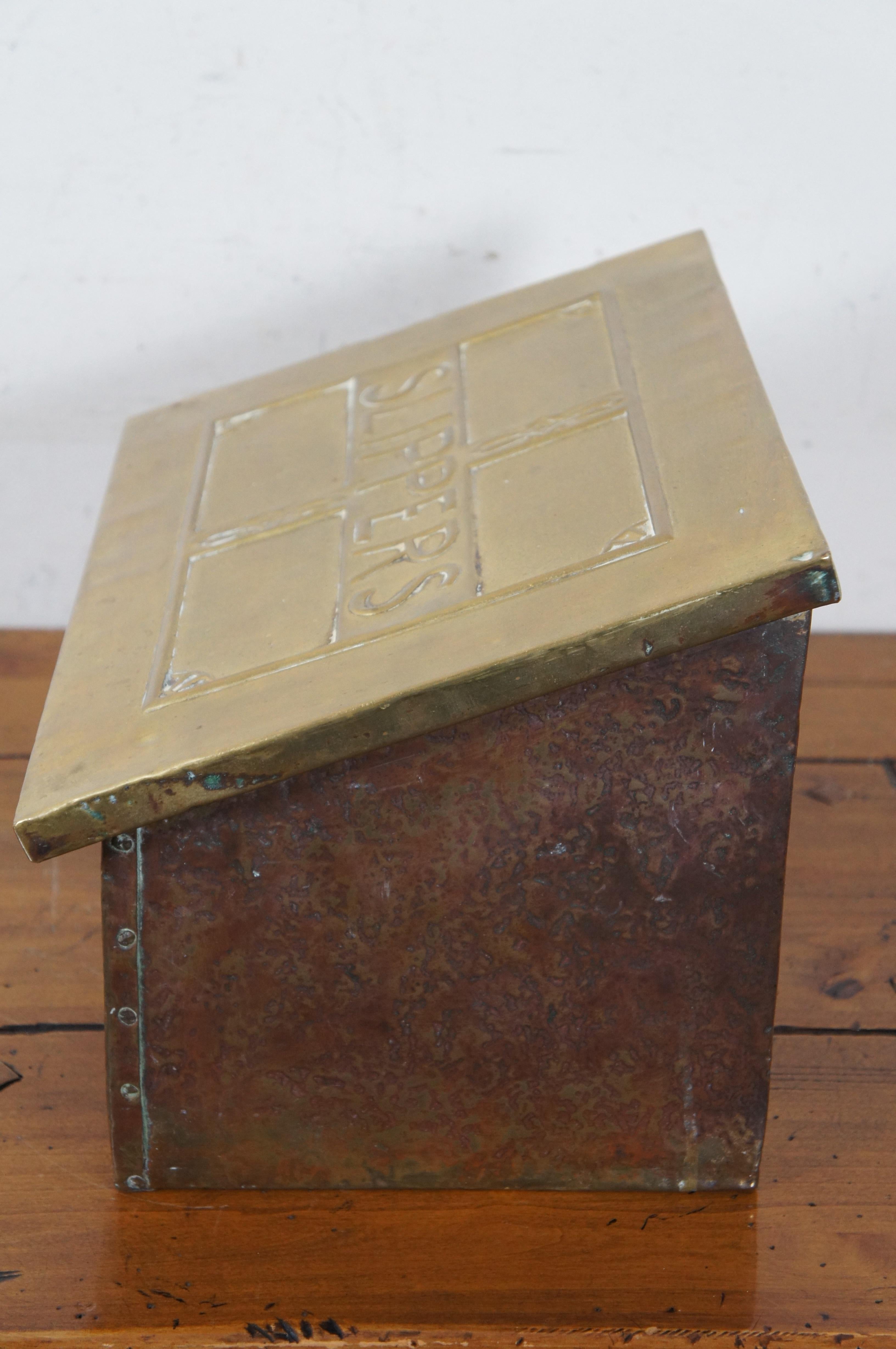 Antique Farmhouse Pine Hammered Brass Fireside Slippers Warming Box 15