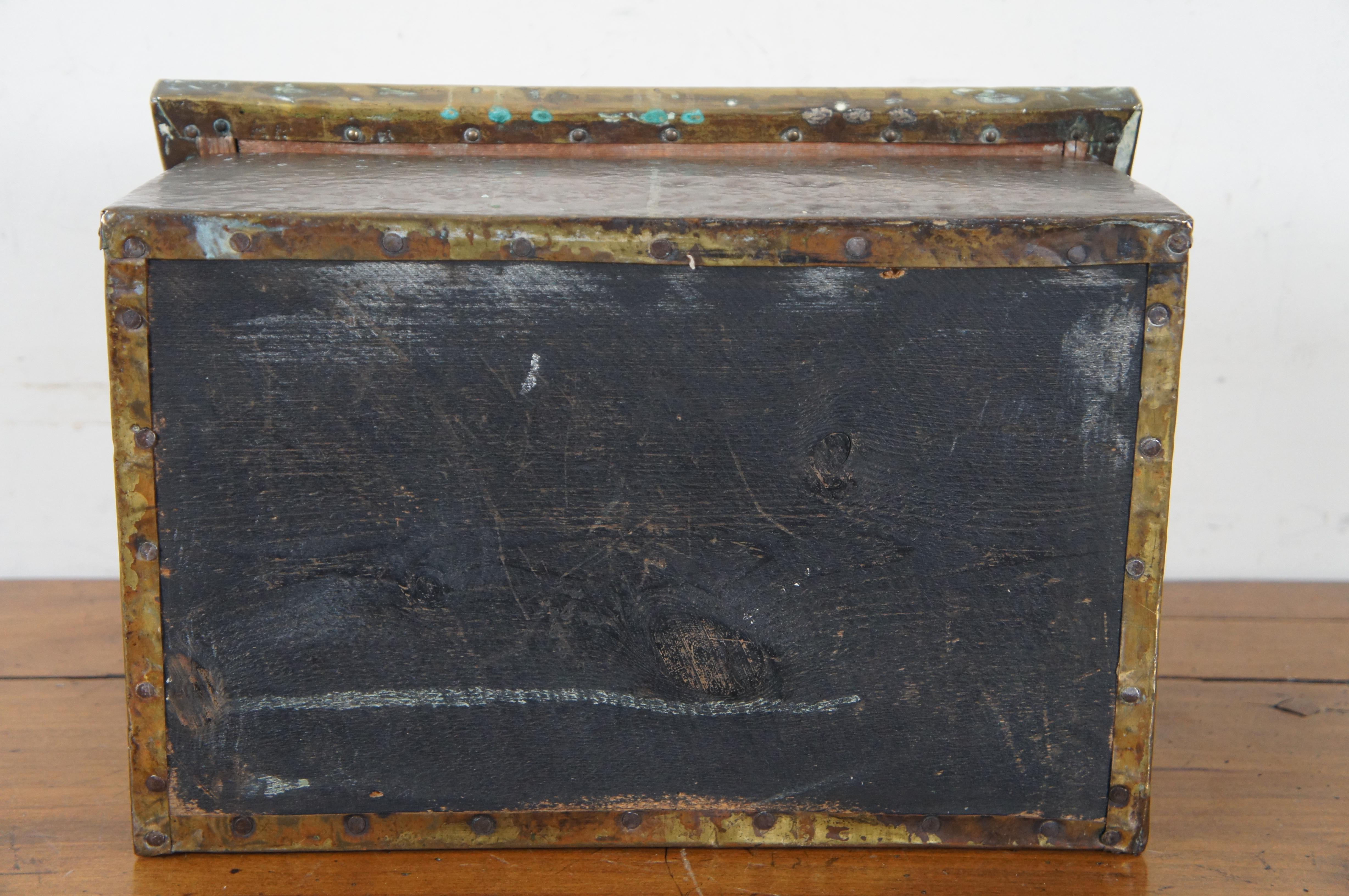 Antique Farmhouse Pine Hammered Brass Fireside Slippers Warming Box 15