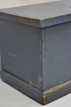 Antique Farmhouse Primitive Blue Painted Dovetailed Wooden Blanket Chest Trunk