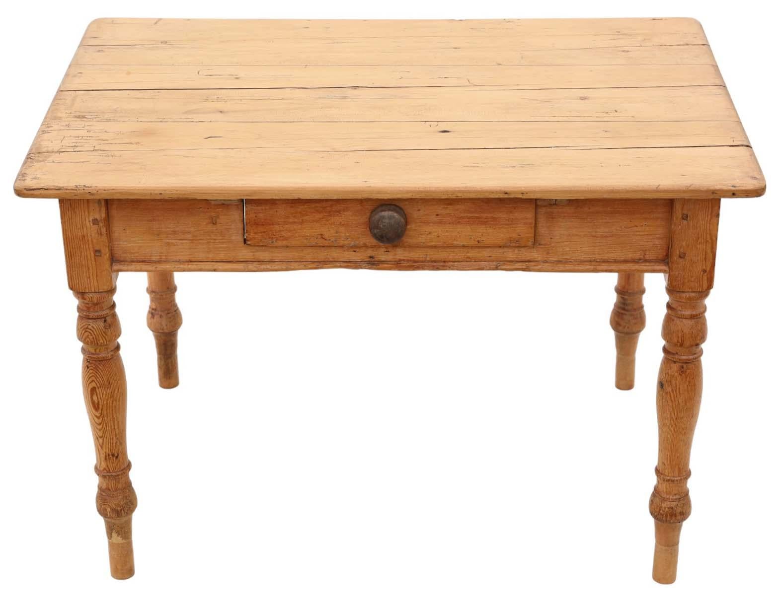19th Century antique scrub top farmhouse kitchen dining table featuring a convenient drawer.

Boasting exceptional age, color, and patina.

Sturdy and robust, with no loose joints or woodworm issues.

Overall maximum dimensions:

Length: 117cm,