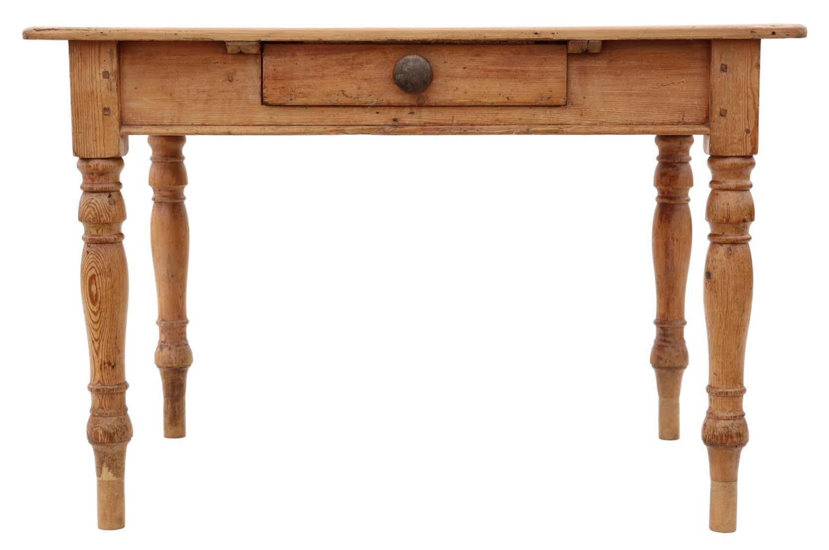 Pine Antique farmhouse scrub top kitchen dining table with drawer 19th Century For Sale