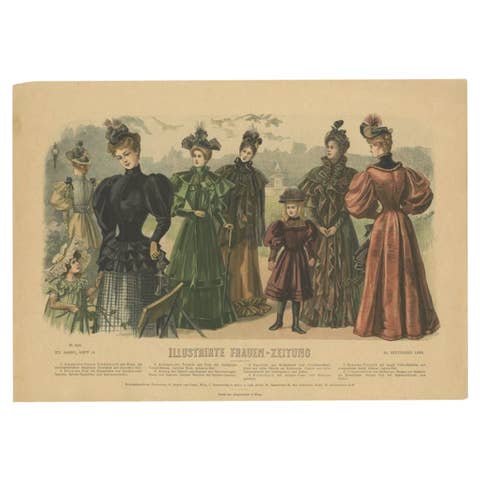 Antique Fashion Print from Germany with Women Wearing Dresses and Hats, 1893