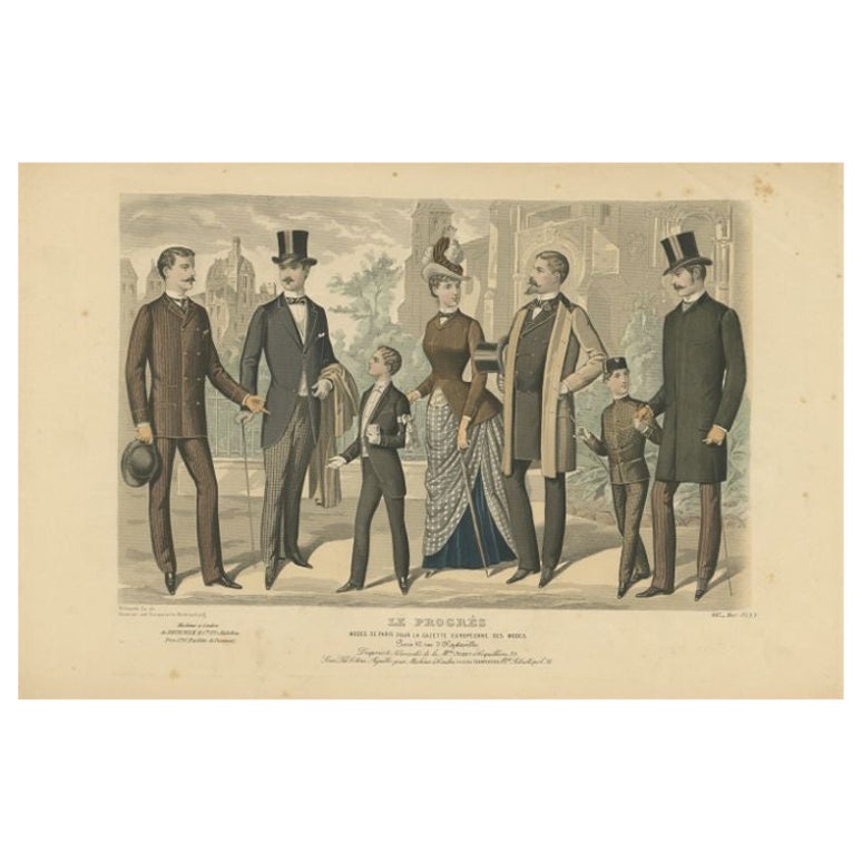 Antiker Modedruck von Herren und Frauen in Frankreich, 1887